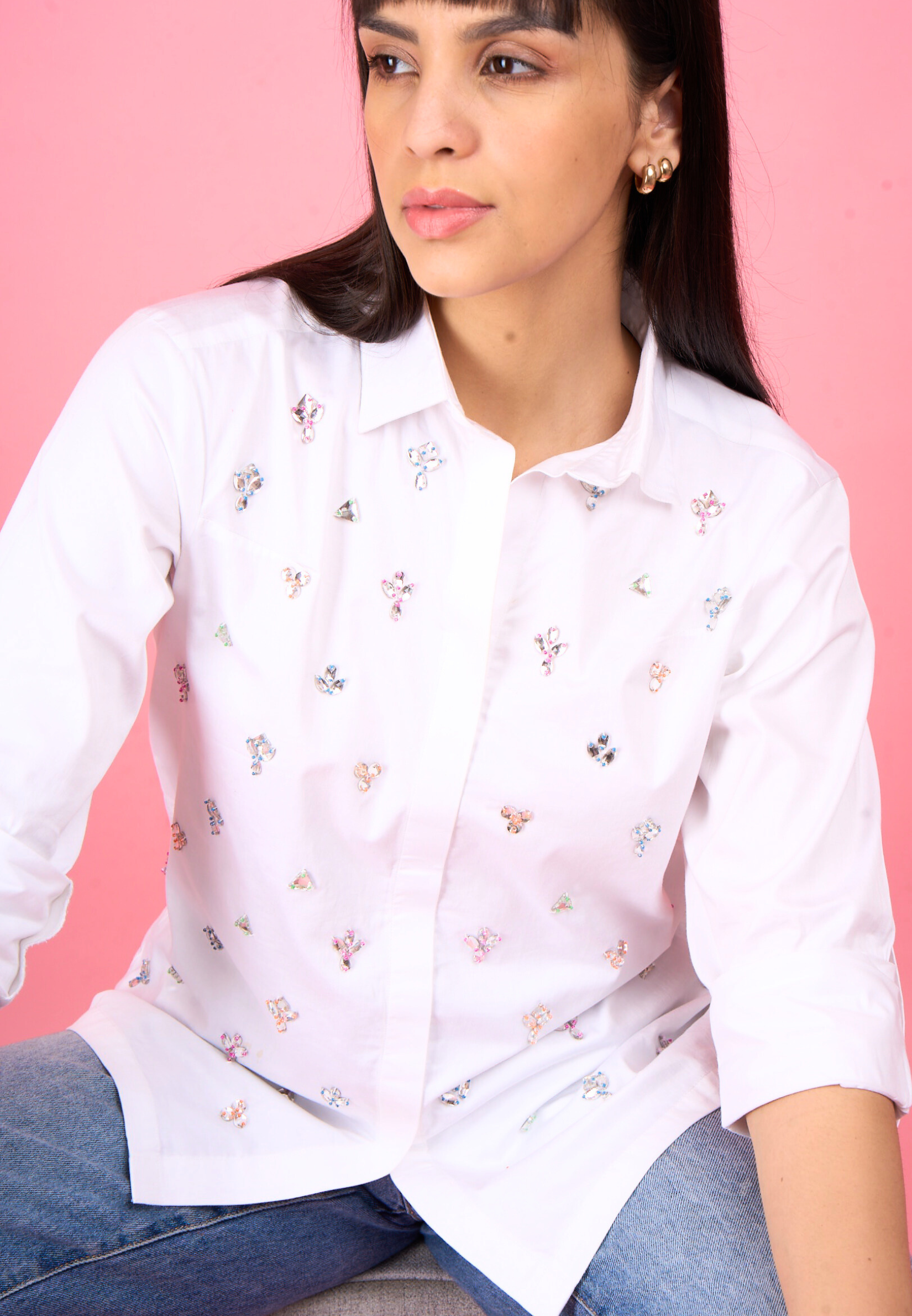 All Over Colourful Embellished Cotton Shirt
