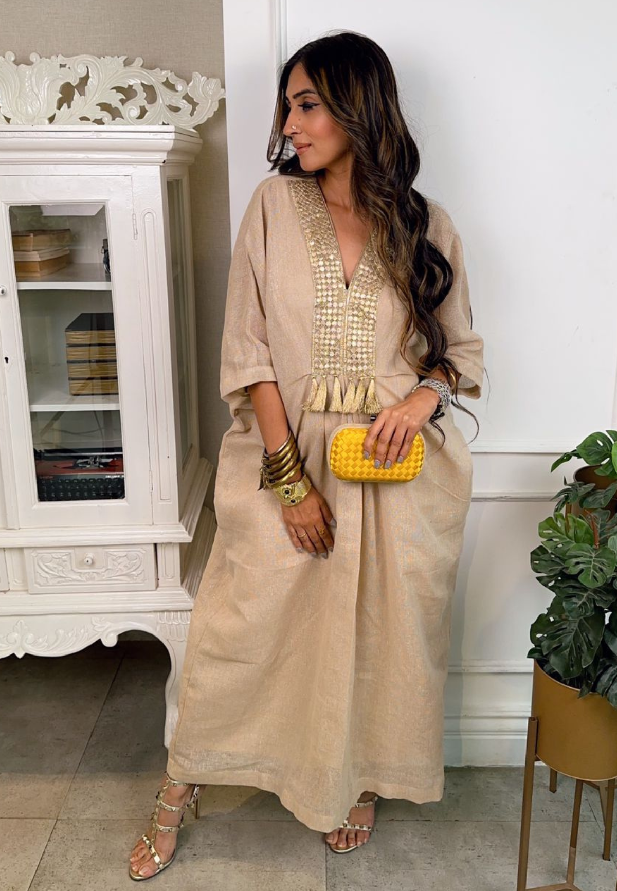 Jute Cotton Kaftan With Gota & Tassels