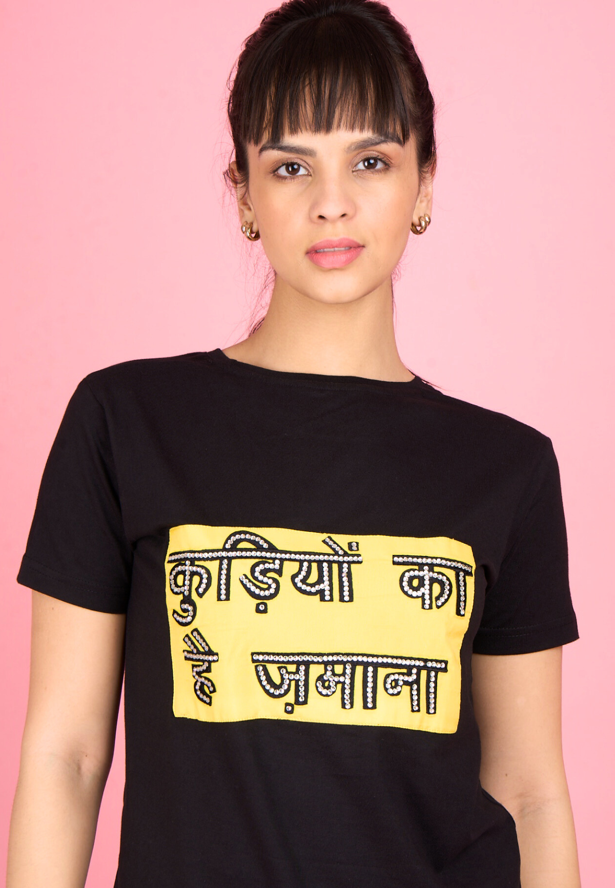 Black Embroidered T-Shirt "Kudiyon Ka Hai Zamana..." Printed in Front