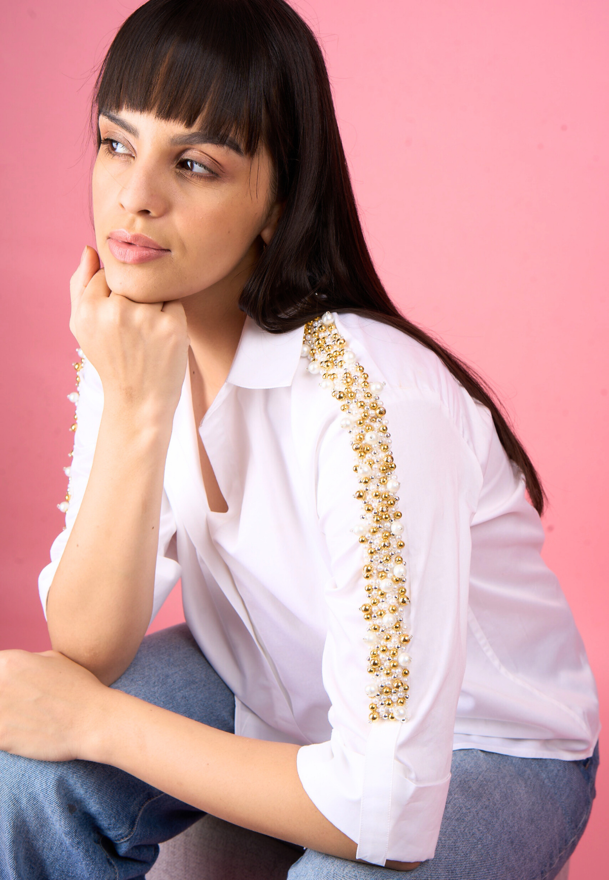 Pearl Shoulder Embellished Cotton Shirt