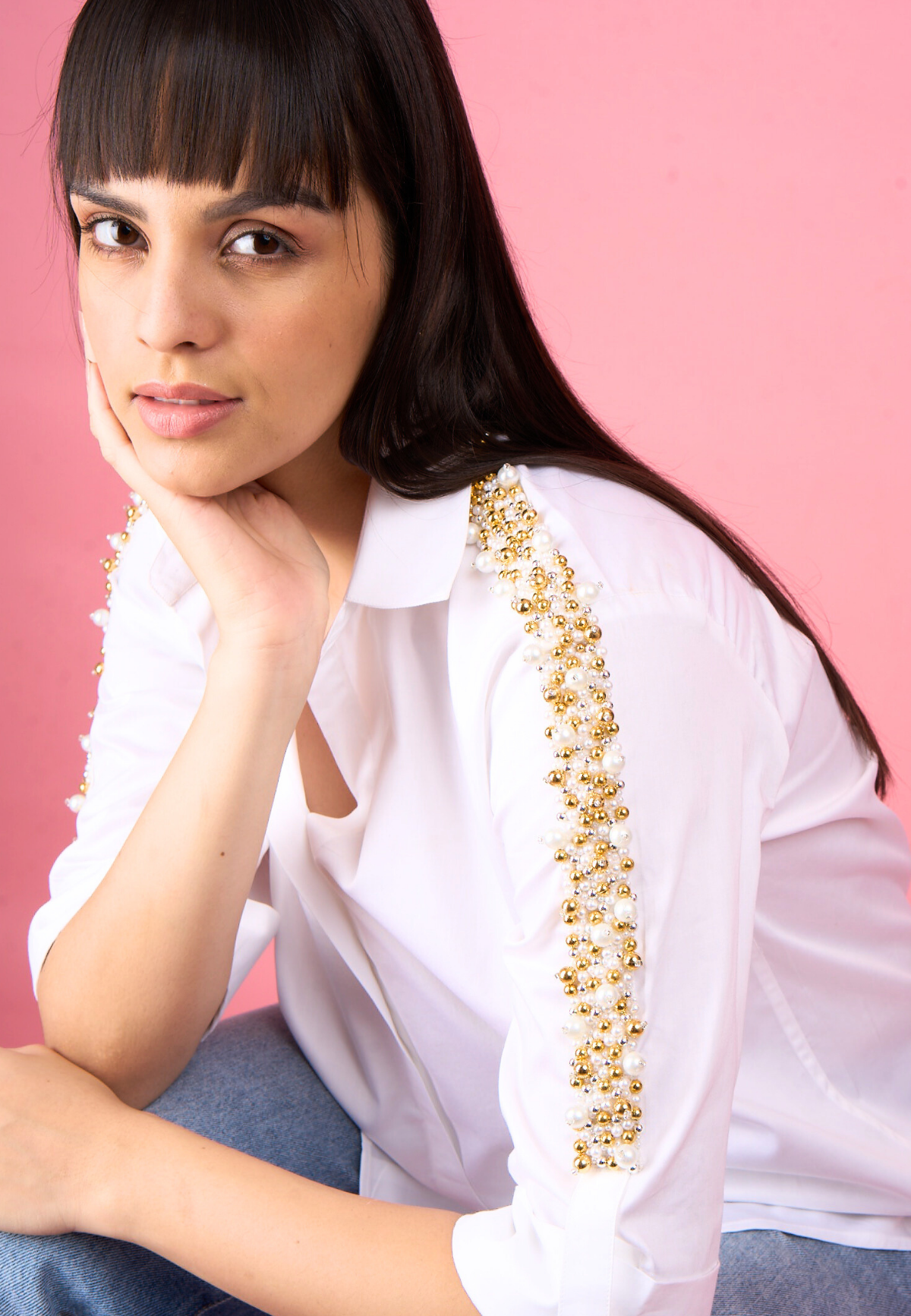 Pearl Shoulder Embellished Cotton Shirt