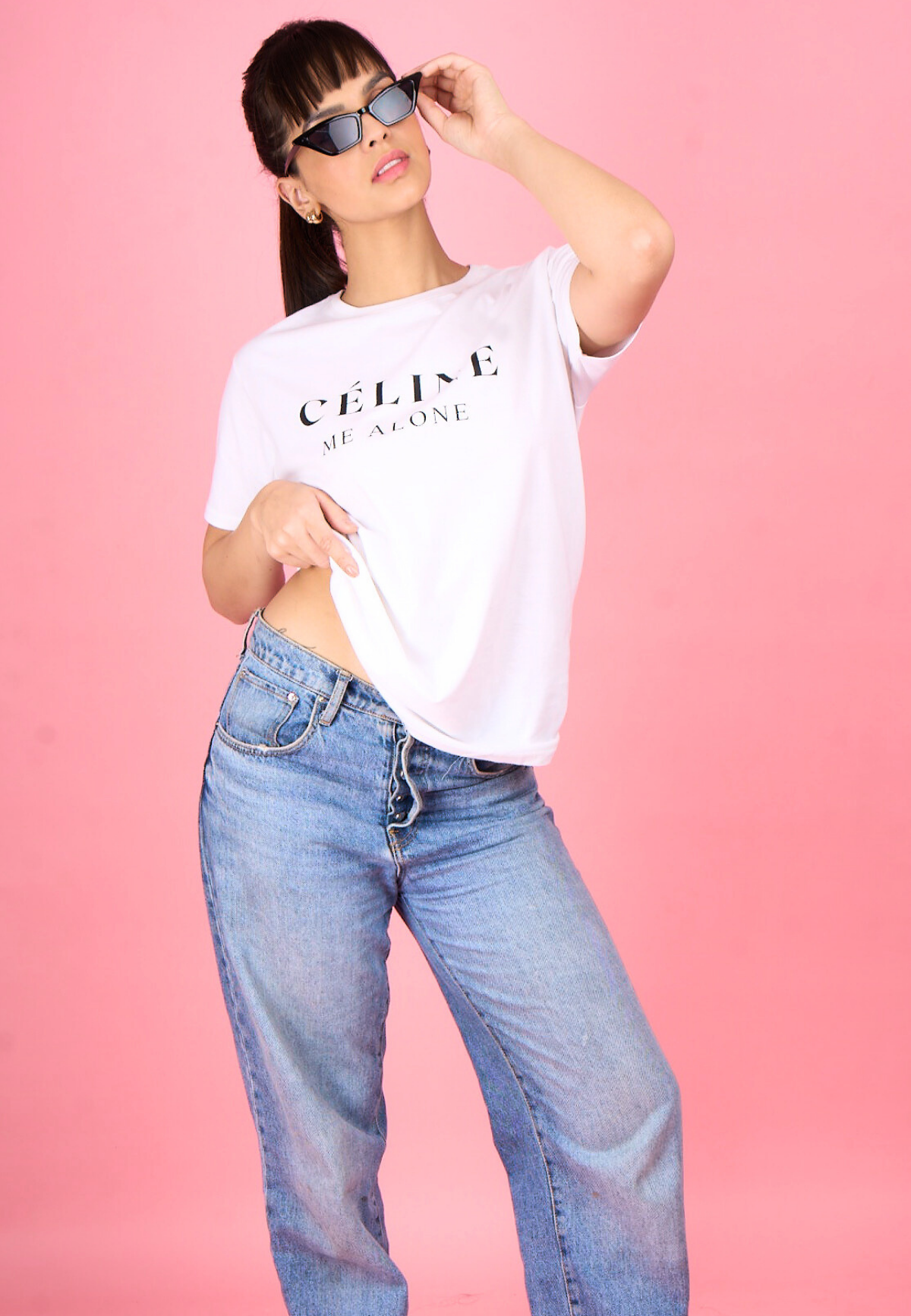 White Printed "Celine Me Alone" T-Shirt