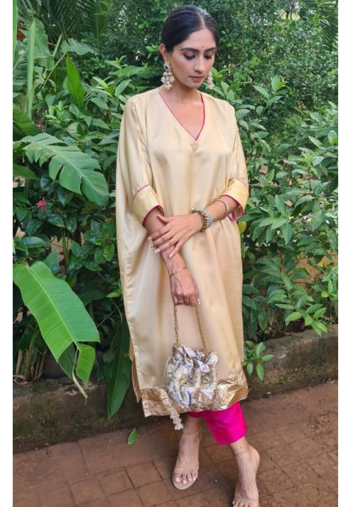 Beige and Hot Pink Choga Co-ord Set