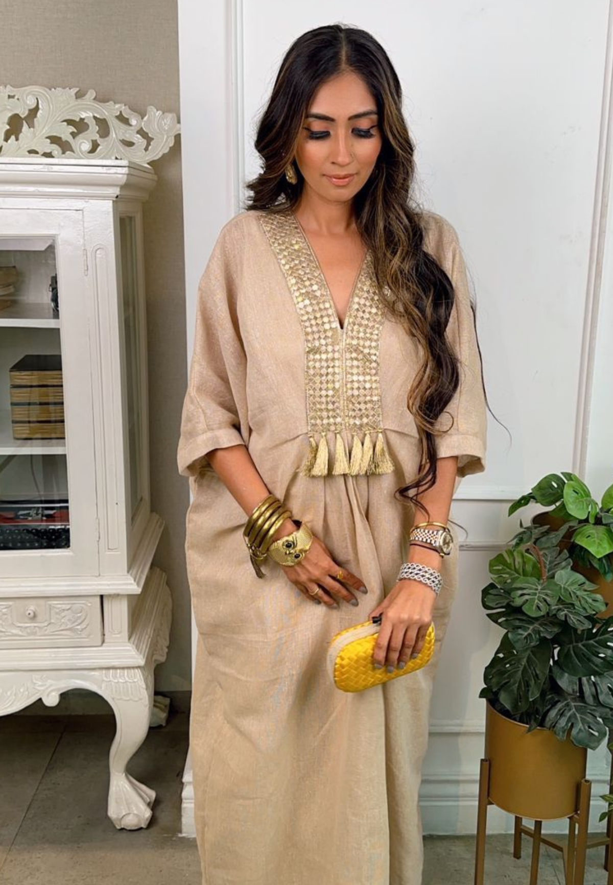 Jute Cotton Kaftan With Gota & Tassels