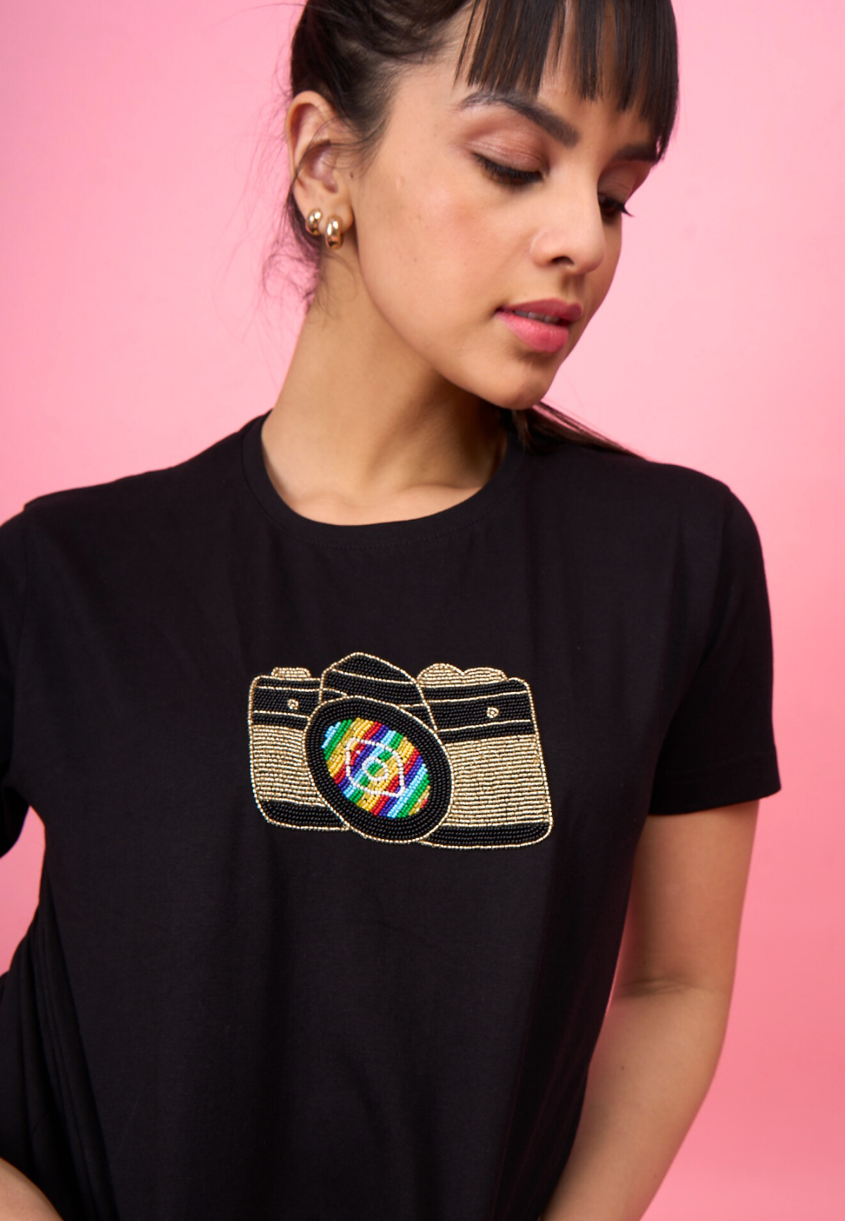 Black Embroidered Camera T-Shirt