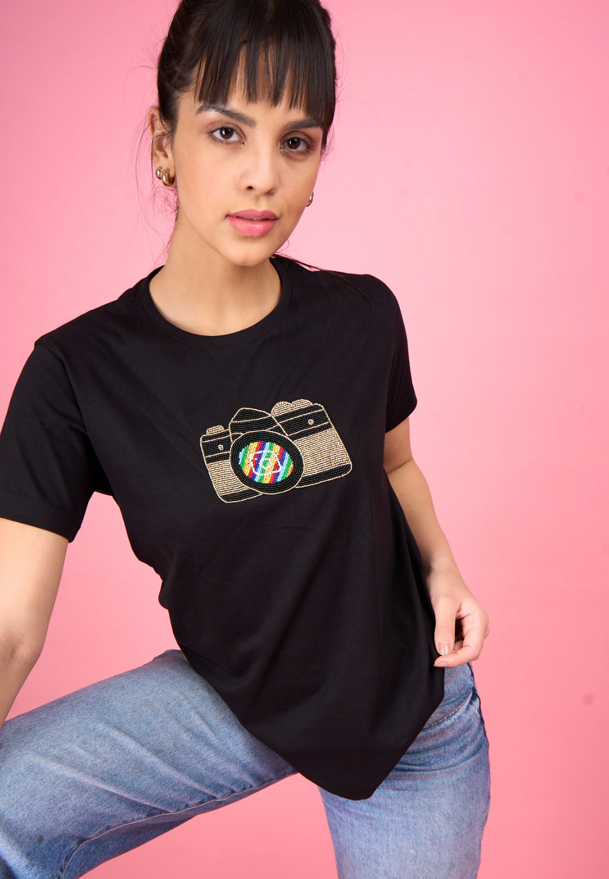 Black Embroidered Camera T-Shirt