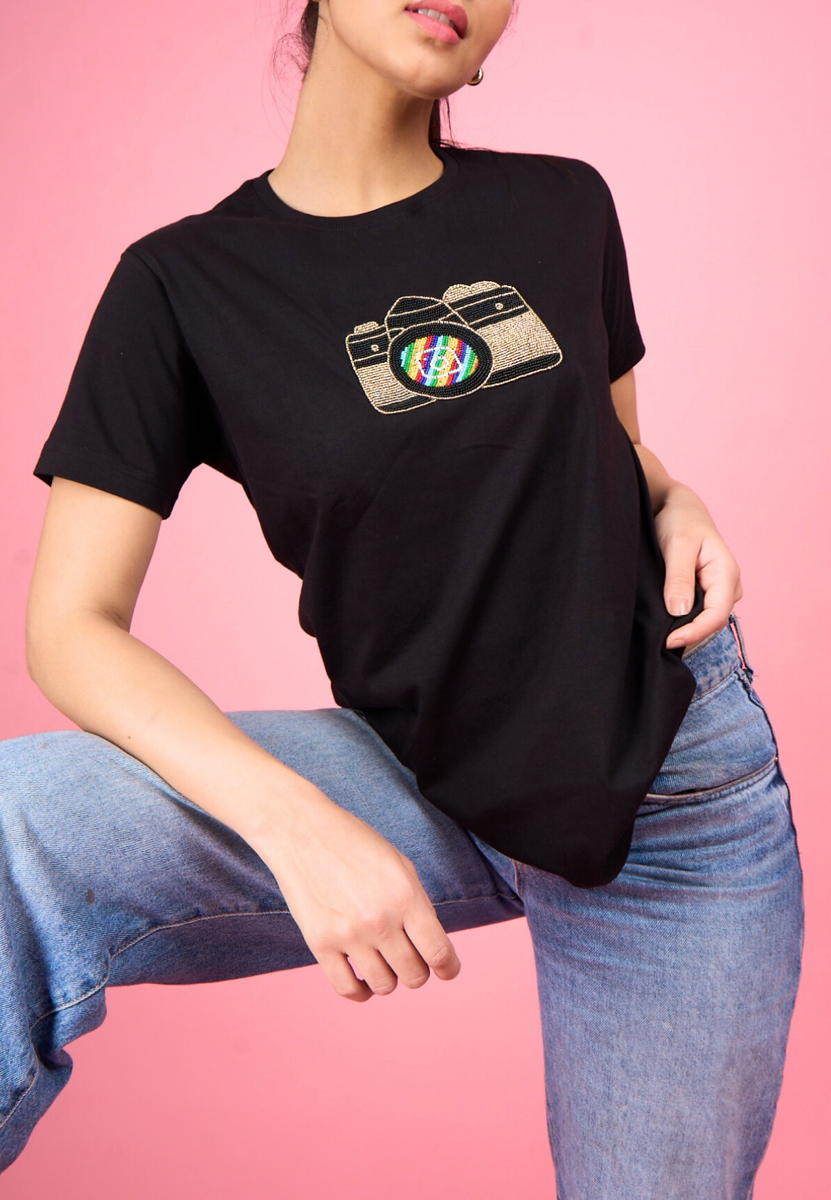 Black Embroidered Camera T-Shirt