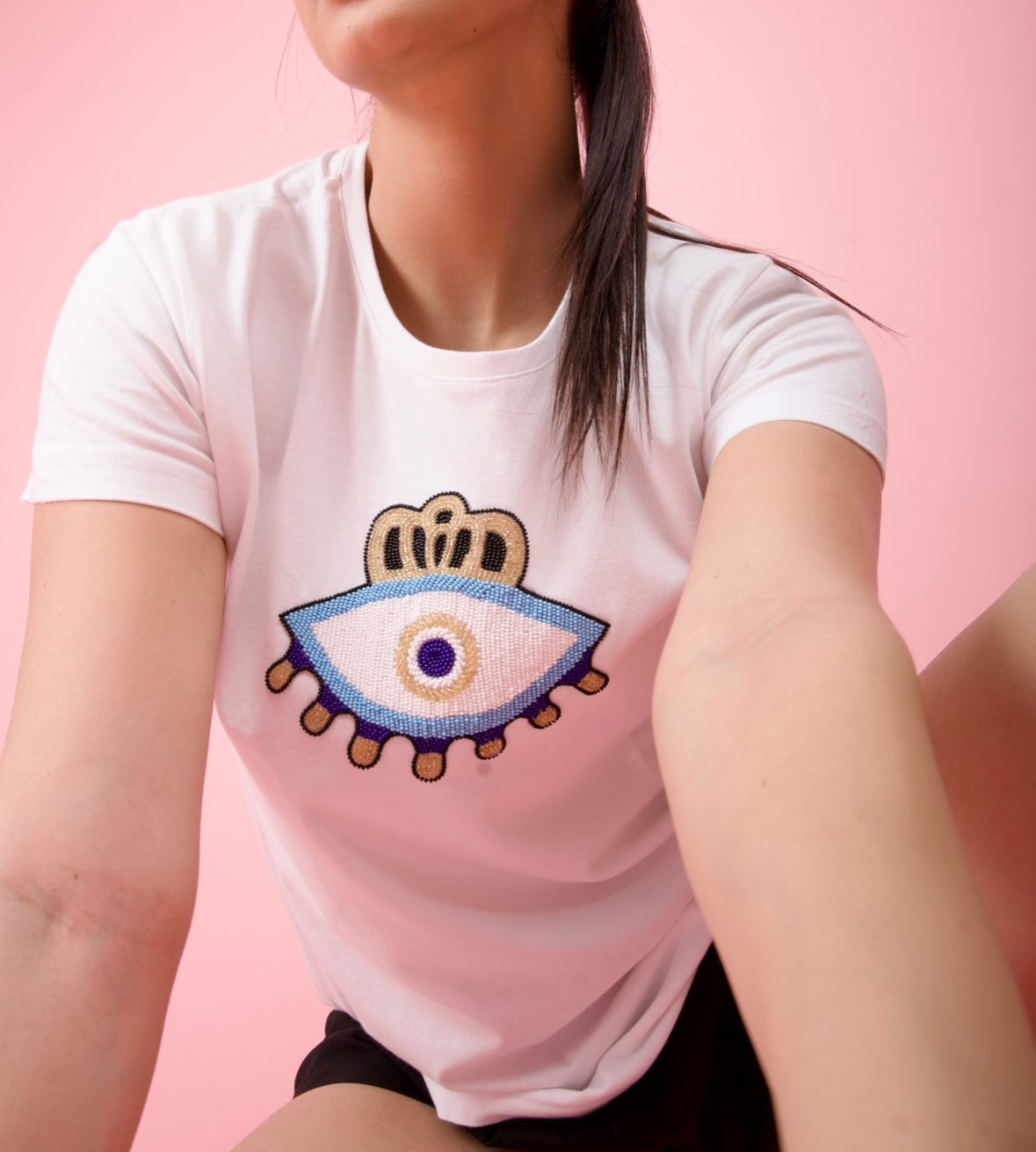 White Embroidered Evil Eye T-Shirt