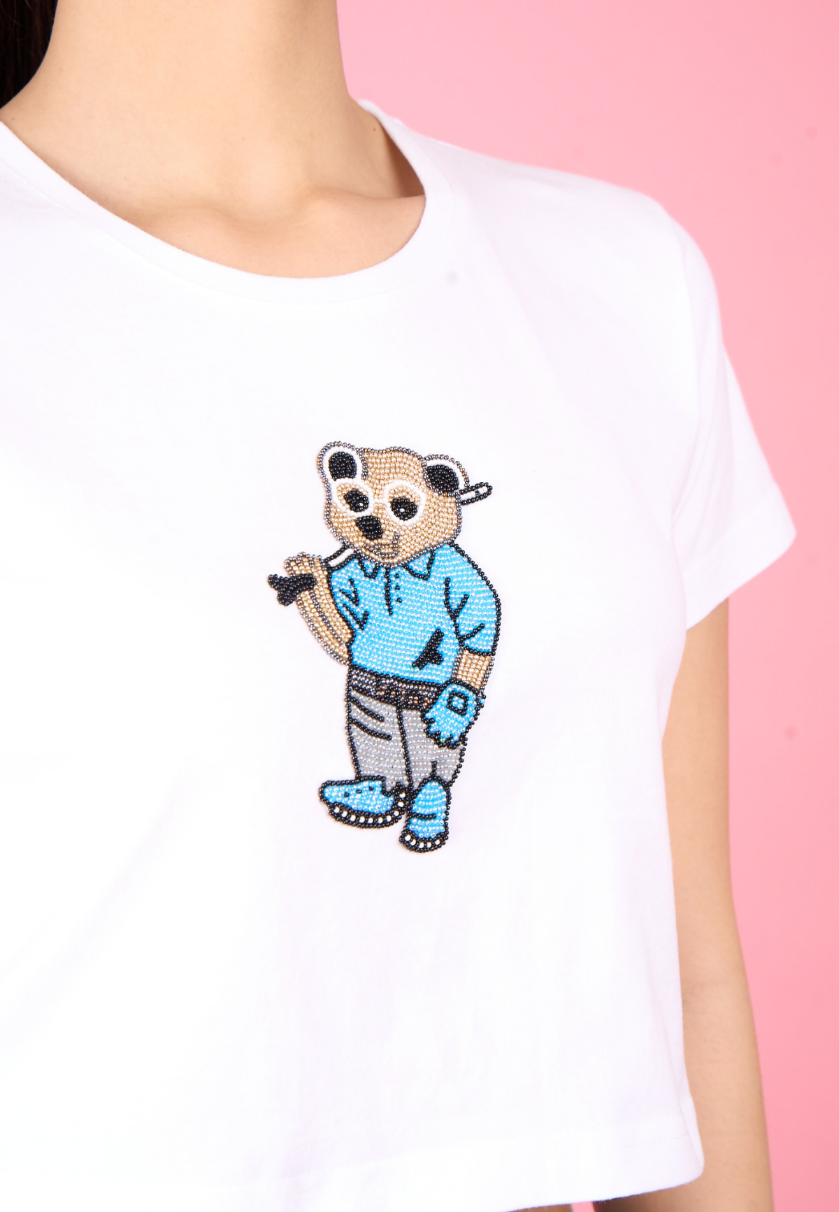 White Embroidered Teddy Crop T-Shirt