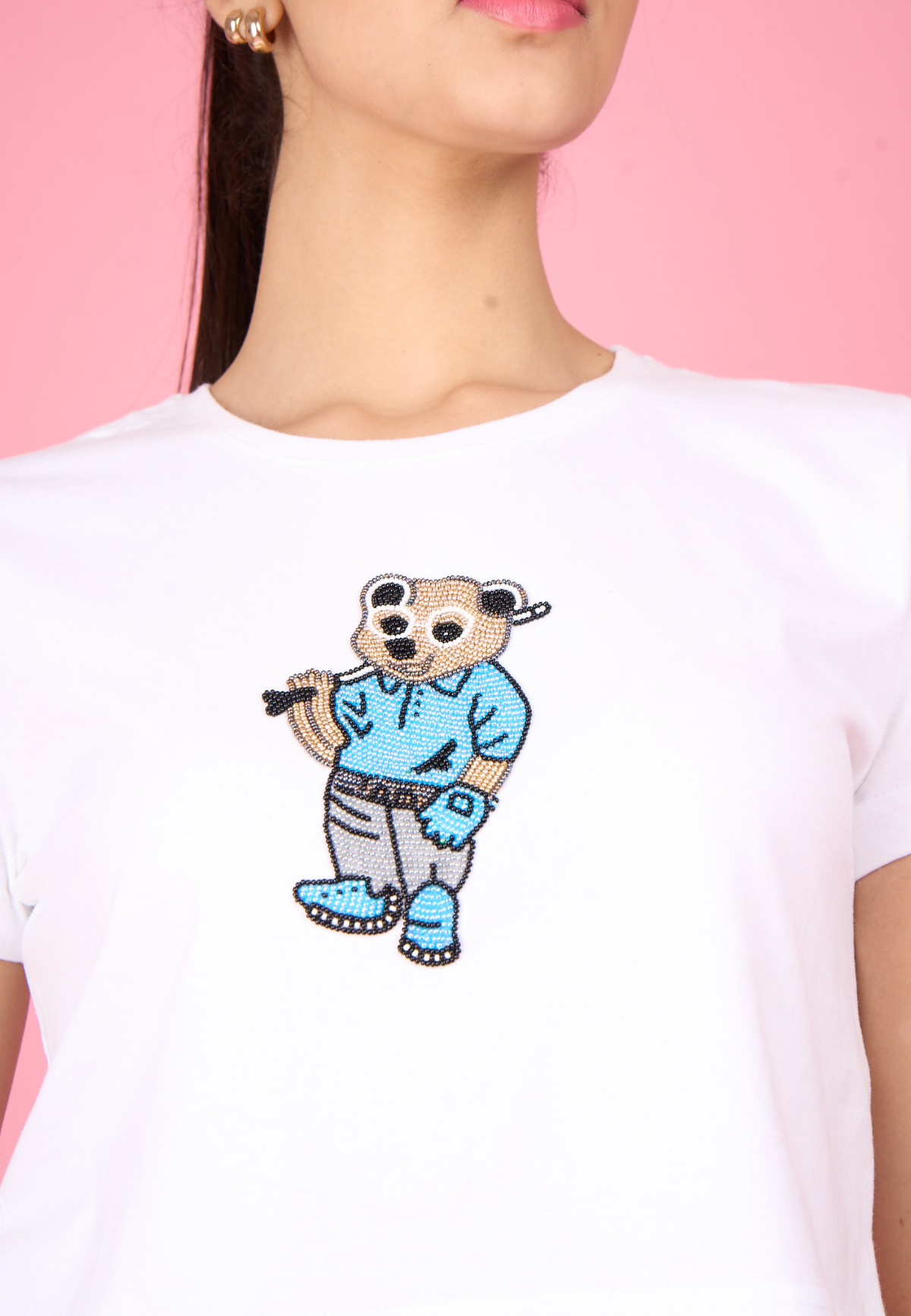 White Embroidered Teddy Crop T-Shirt