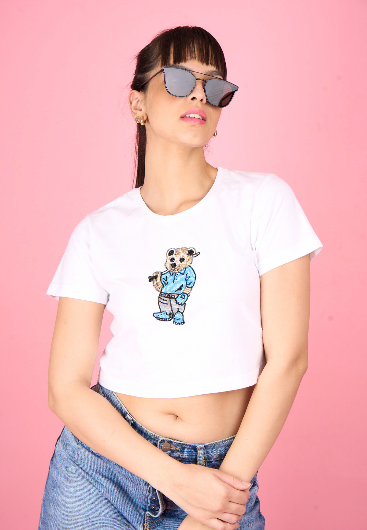 White Embroidered Teddy Crop T-Shirt