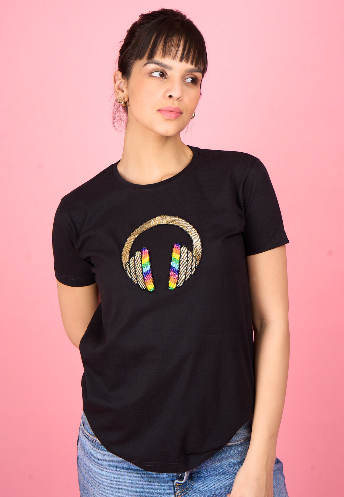 Black Embroidered Muisc T-Shirt