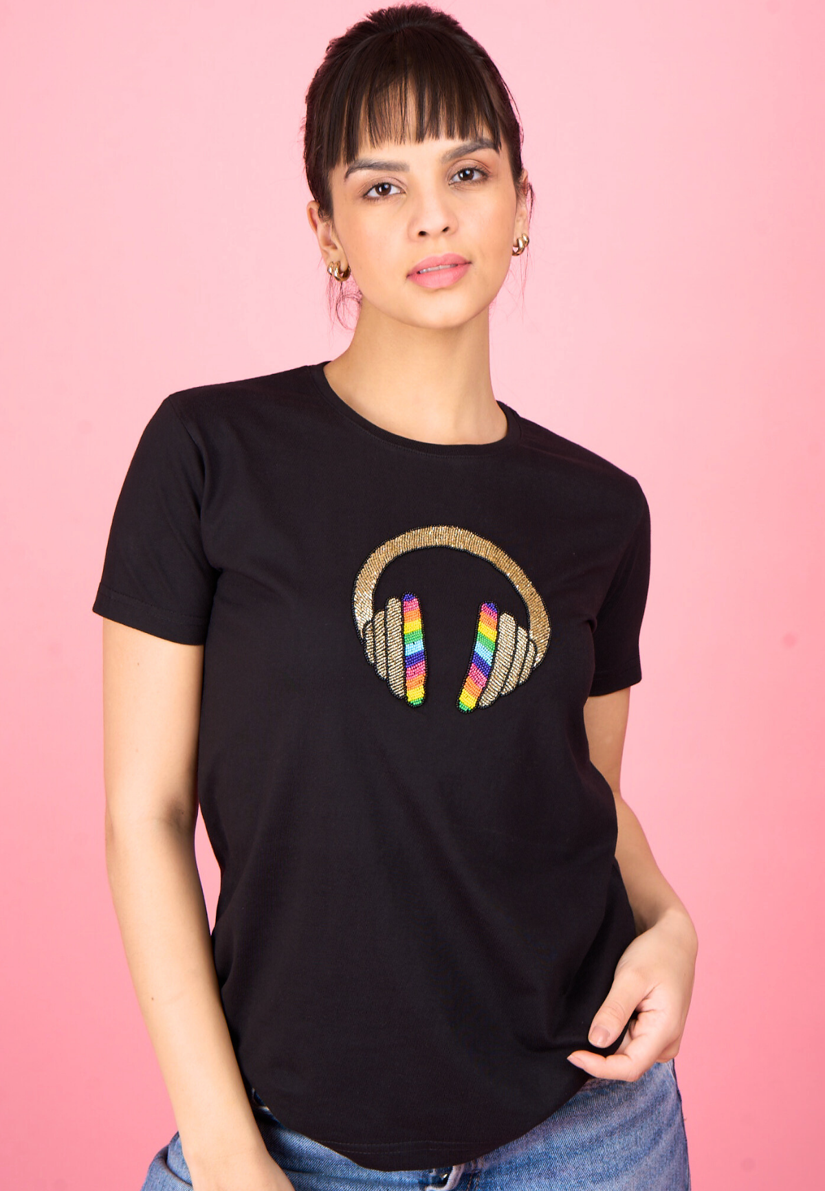 Black Embroidered Muisc T-Shirt