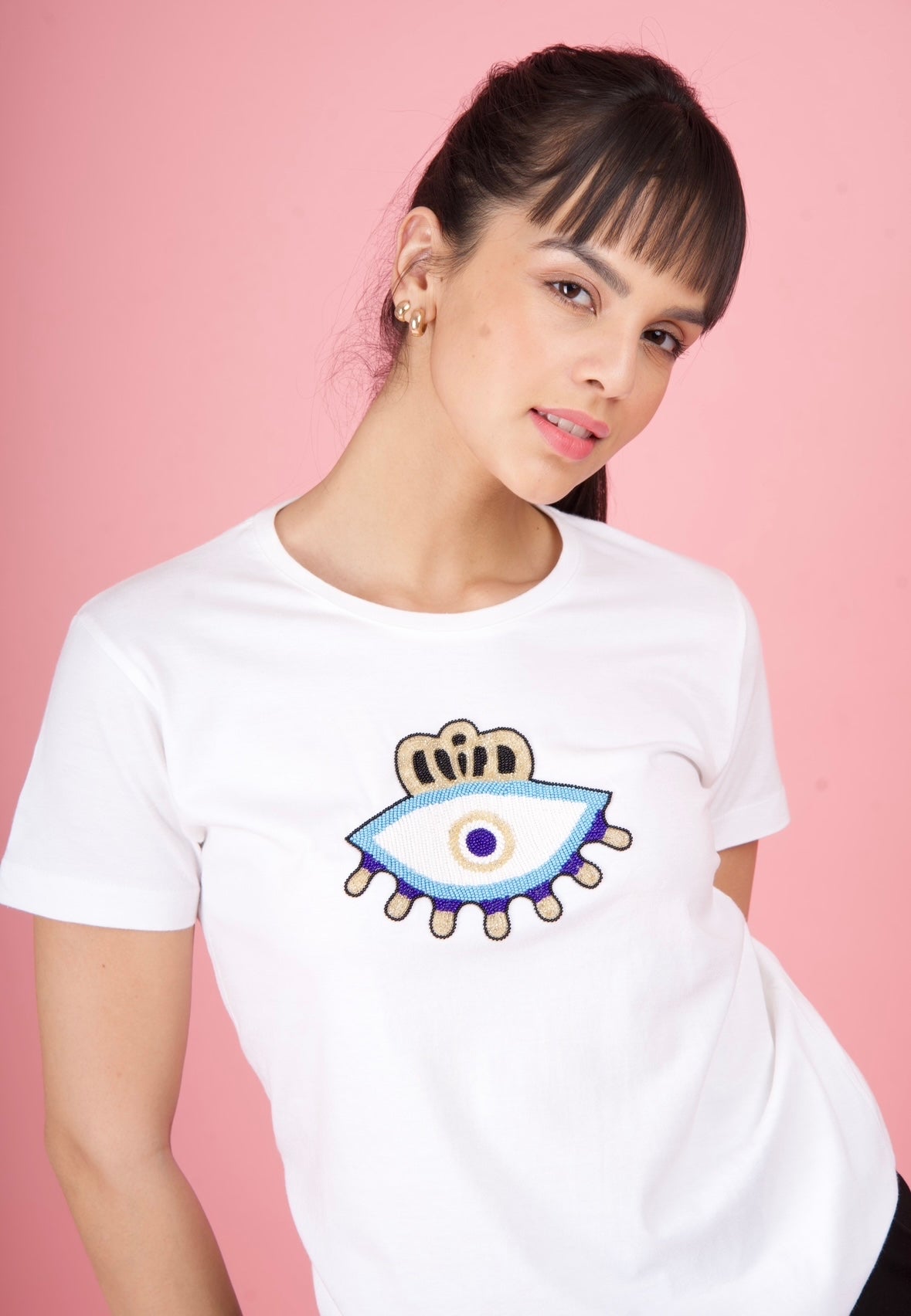 White Embroidered Evil Eye T-Shirt