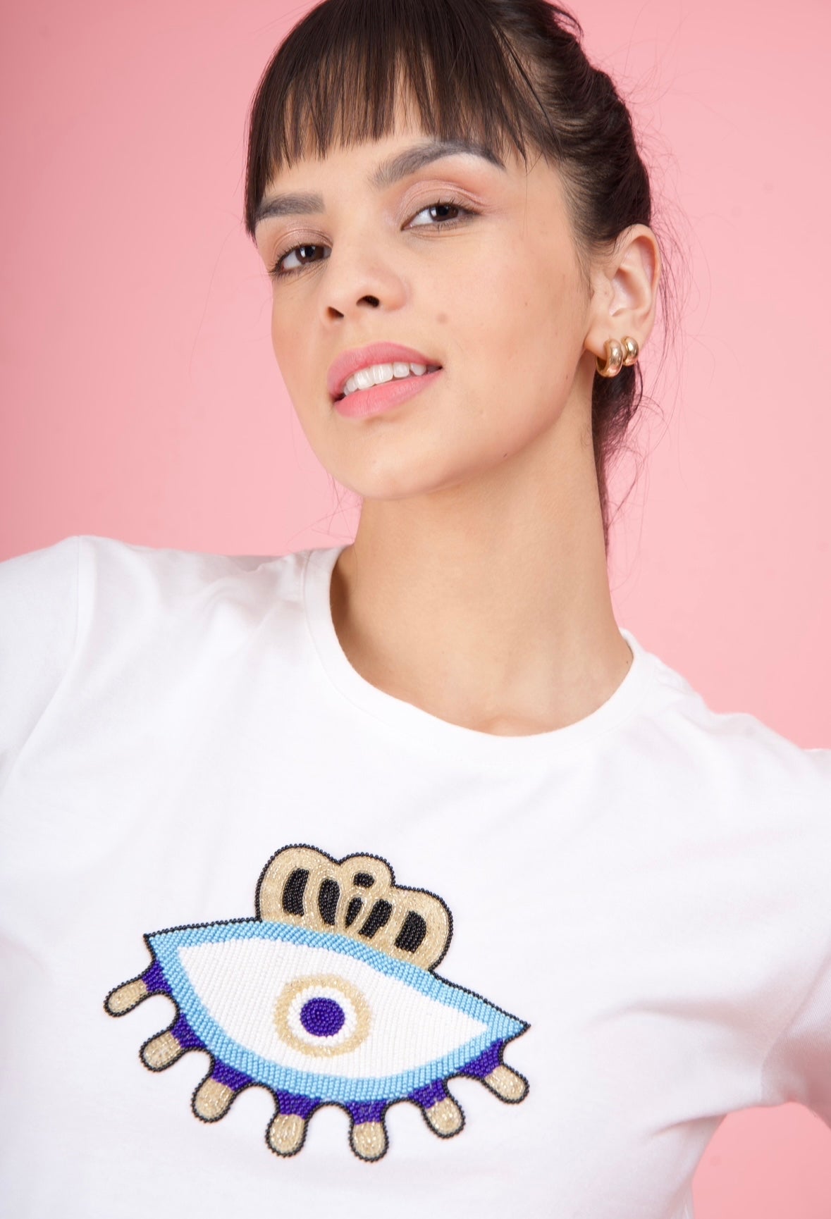 White Embroidered Evil Eye T-Shirt