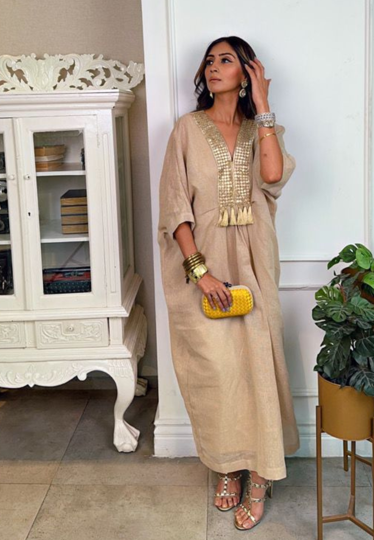 Jute Cotton Kaftan With Gota & Tassels