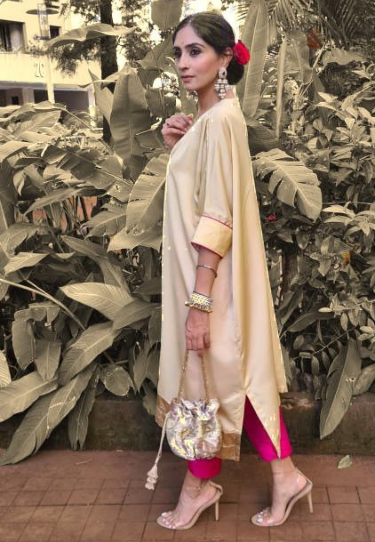 Beige and Hot Pink Choga Co-ord Set