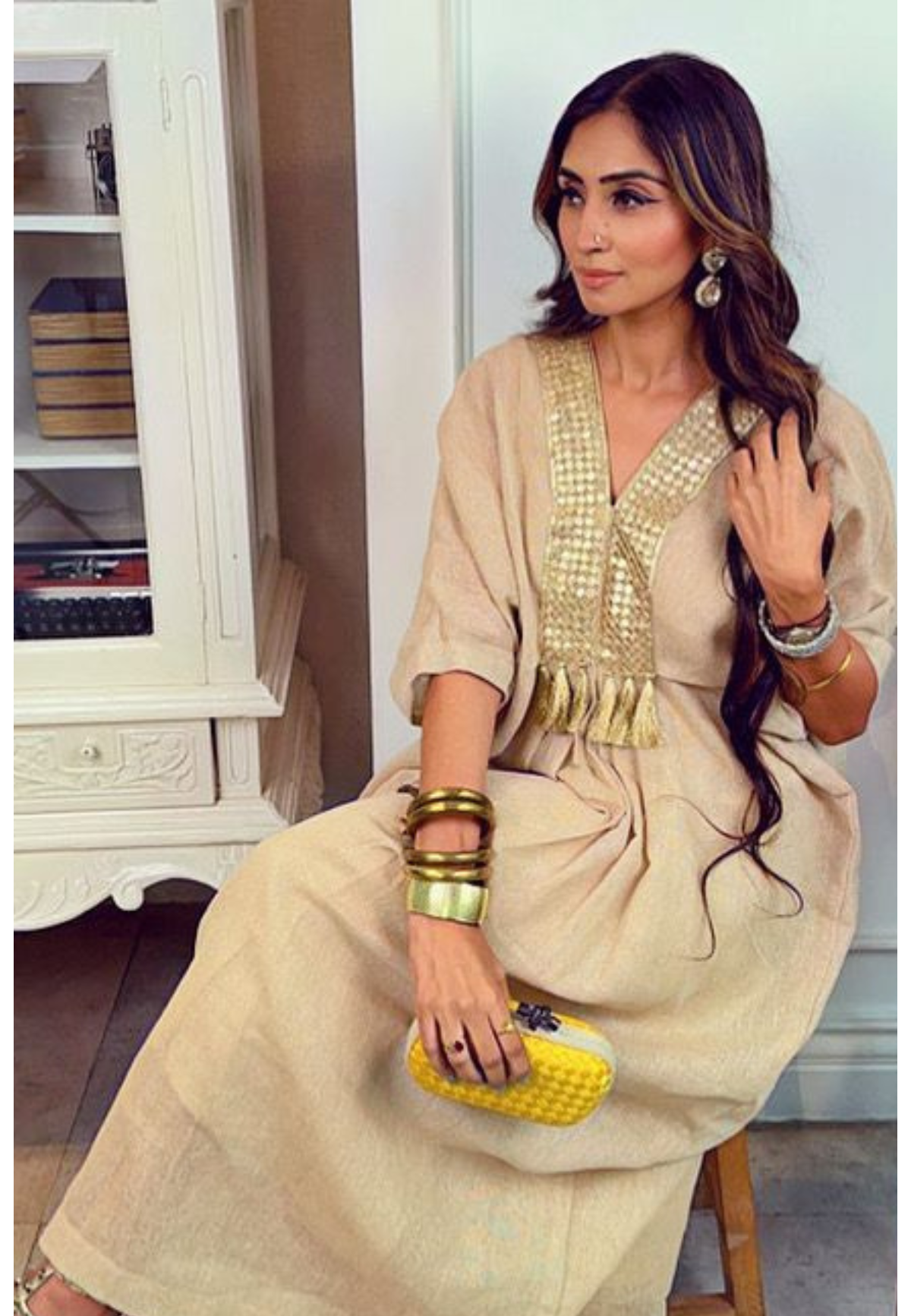 Jute Cotton Kaftan With Gota & Tassels
