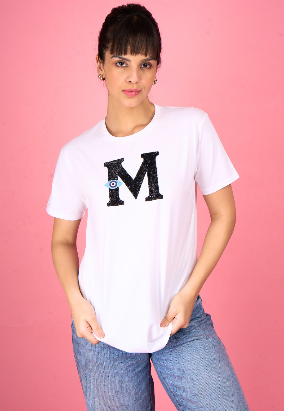 Personalised Evil Eye Letter White Embroidered T-Shirt