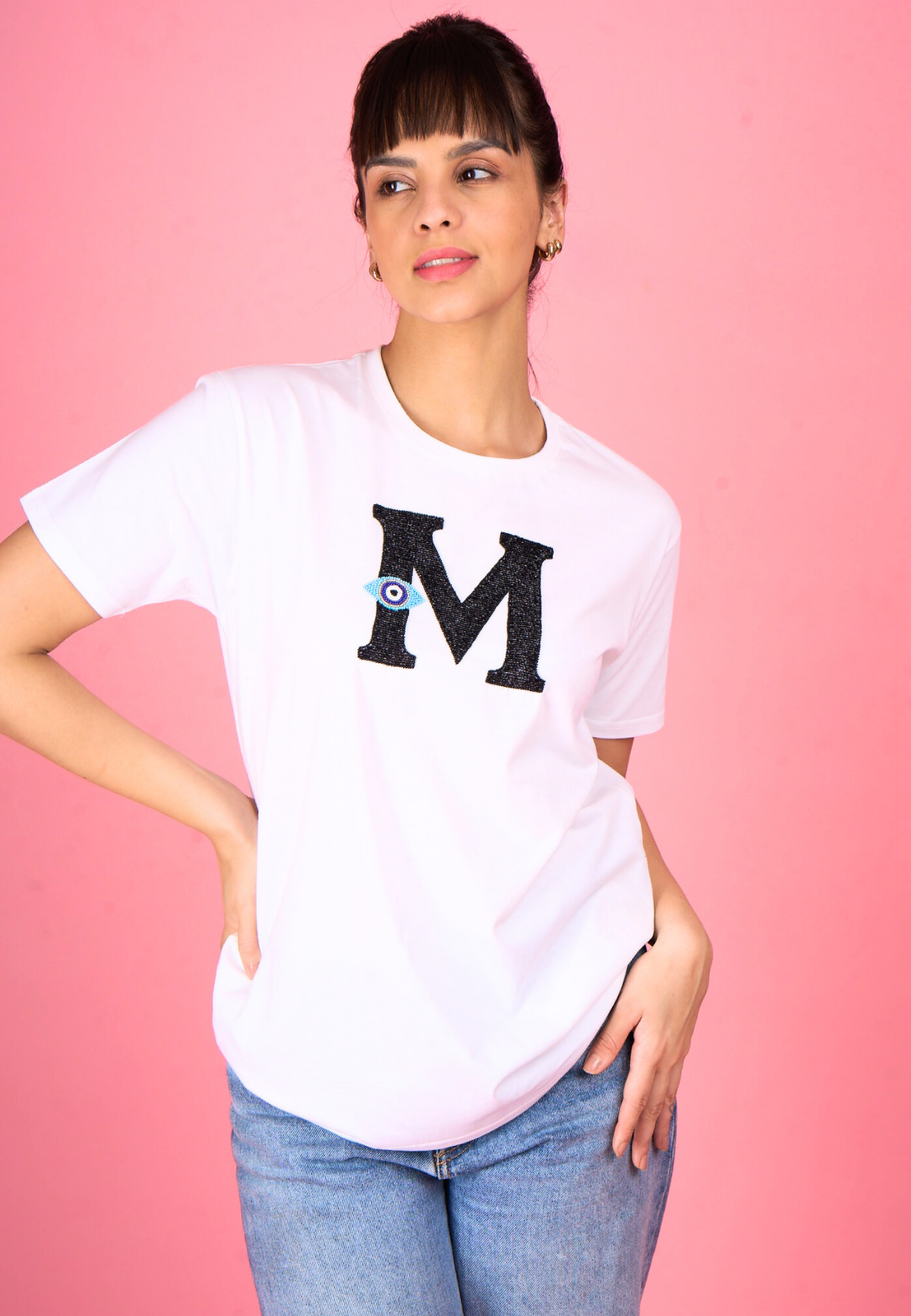 Personalised Evil Eye Letter White Embroidered T-Shirt