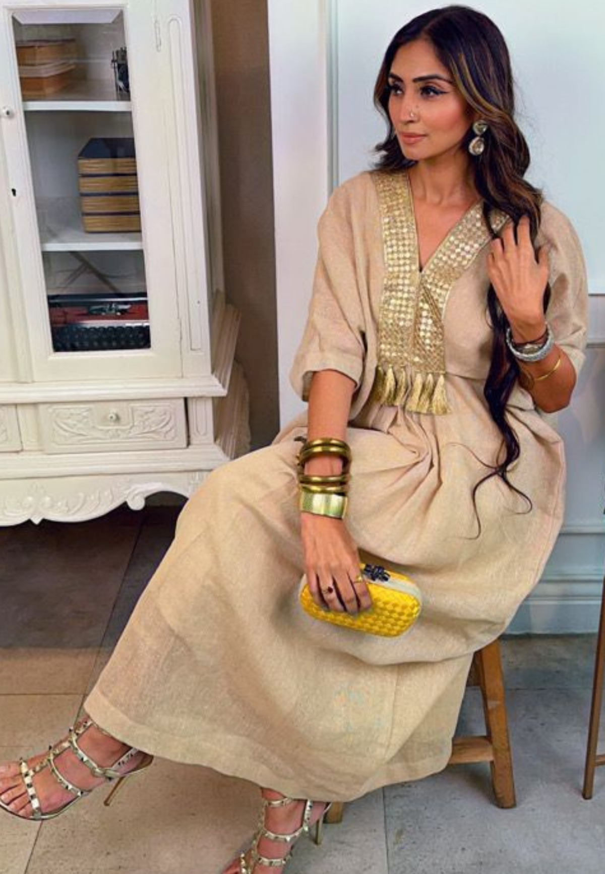 Jute Cotton Kaftan With Gota & Tassels