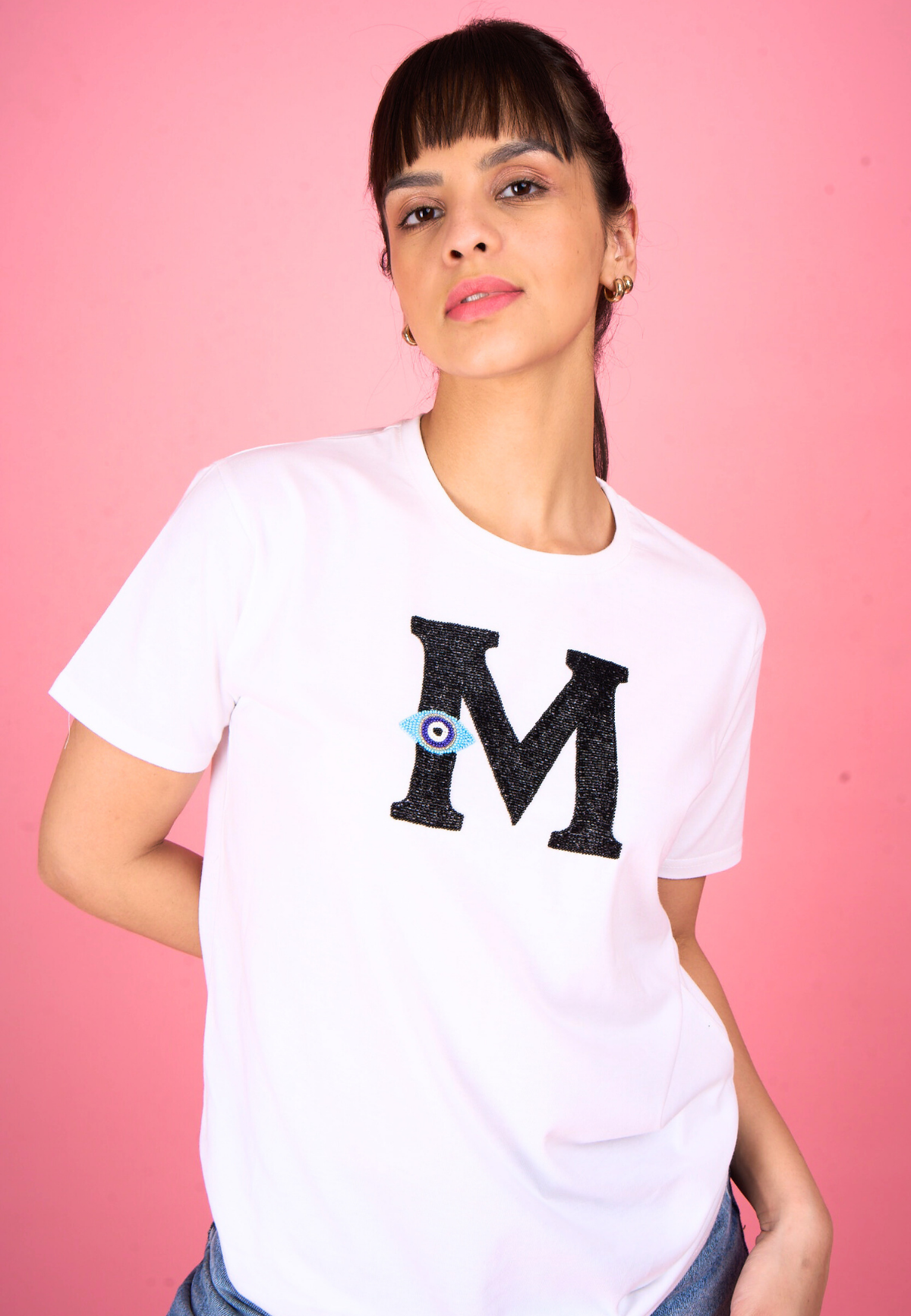 Personalised Evil Eye Letter White Embroidered T-Shirt