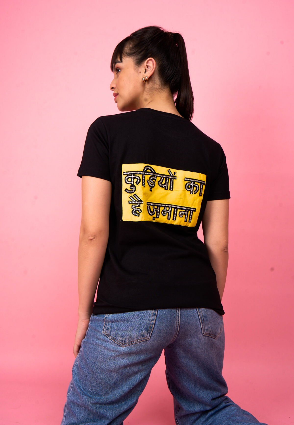 Black Embroidered T-Shirt "Kudiyon Ka Hai Zamana..." Printed on Back