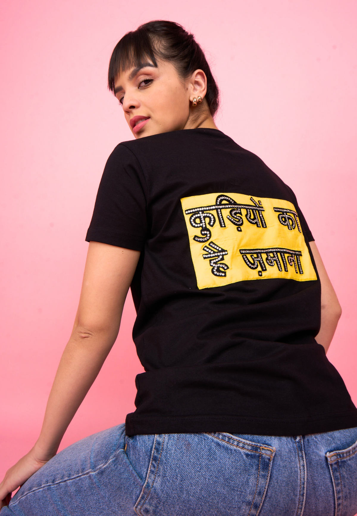 Black Embroidered T-Shirt "Kudiyon Ka Hai Zamana..." Printed on Back