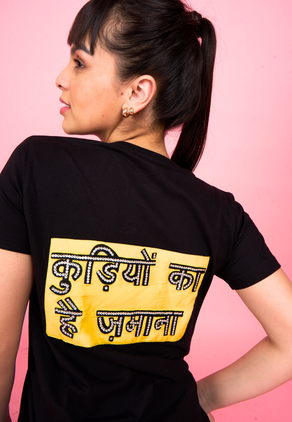 Black Embroidered T-Shirt "Kudiyon Ka Hai Zamana..." Printed on Back