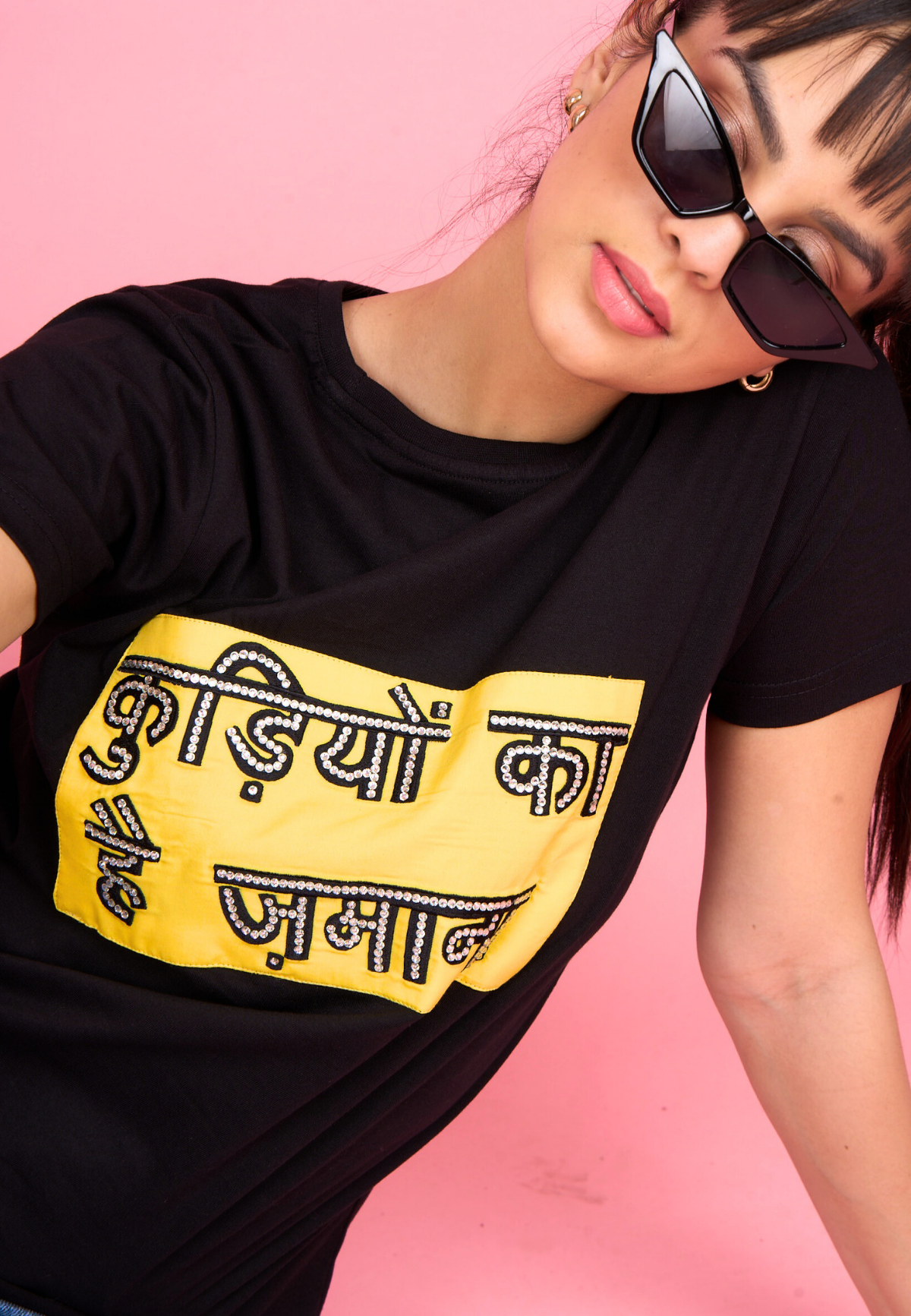 Black Embroidered T-Shirt "Kudiyon Ka Hai Zamana..." Printed in Front