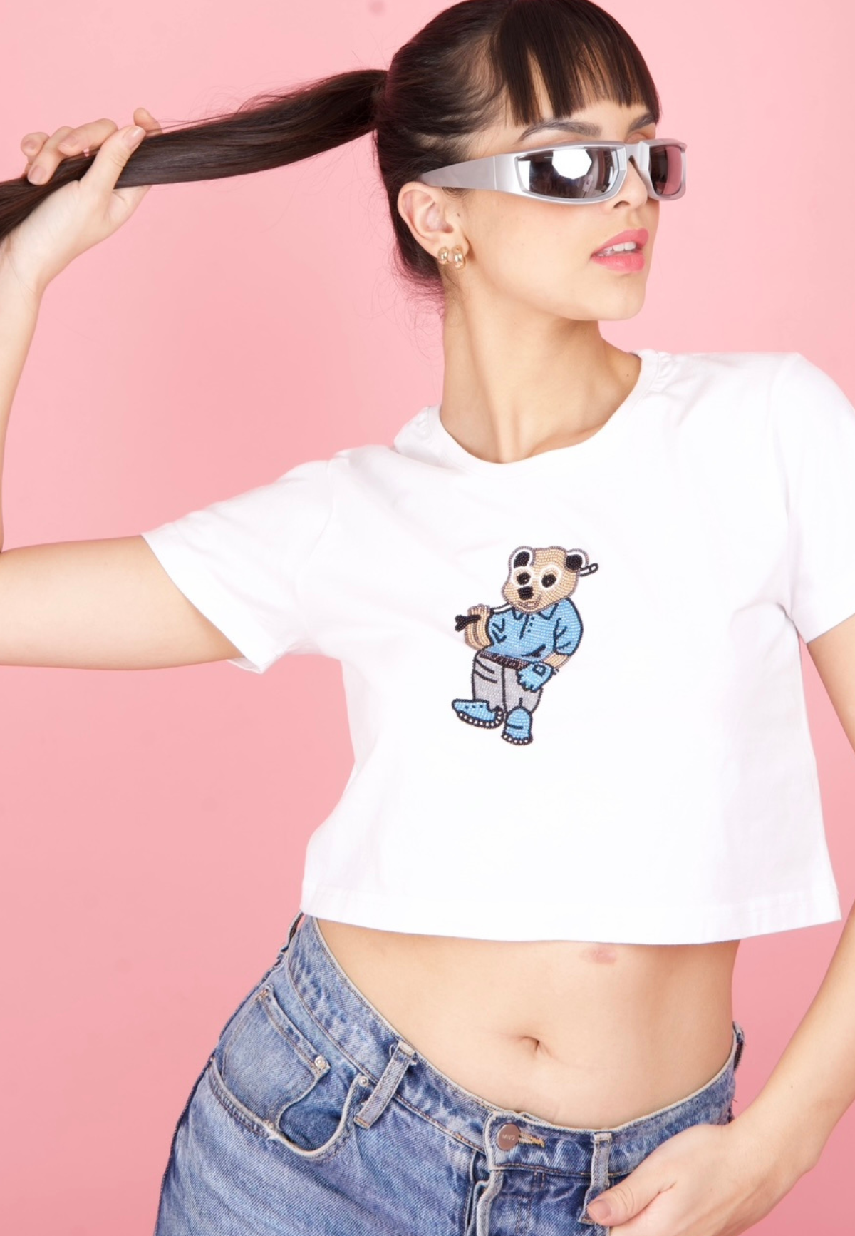White Embroidered Teddy Crop T-Shirt