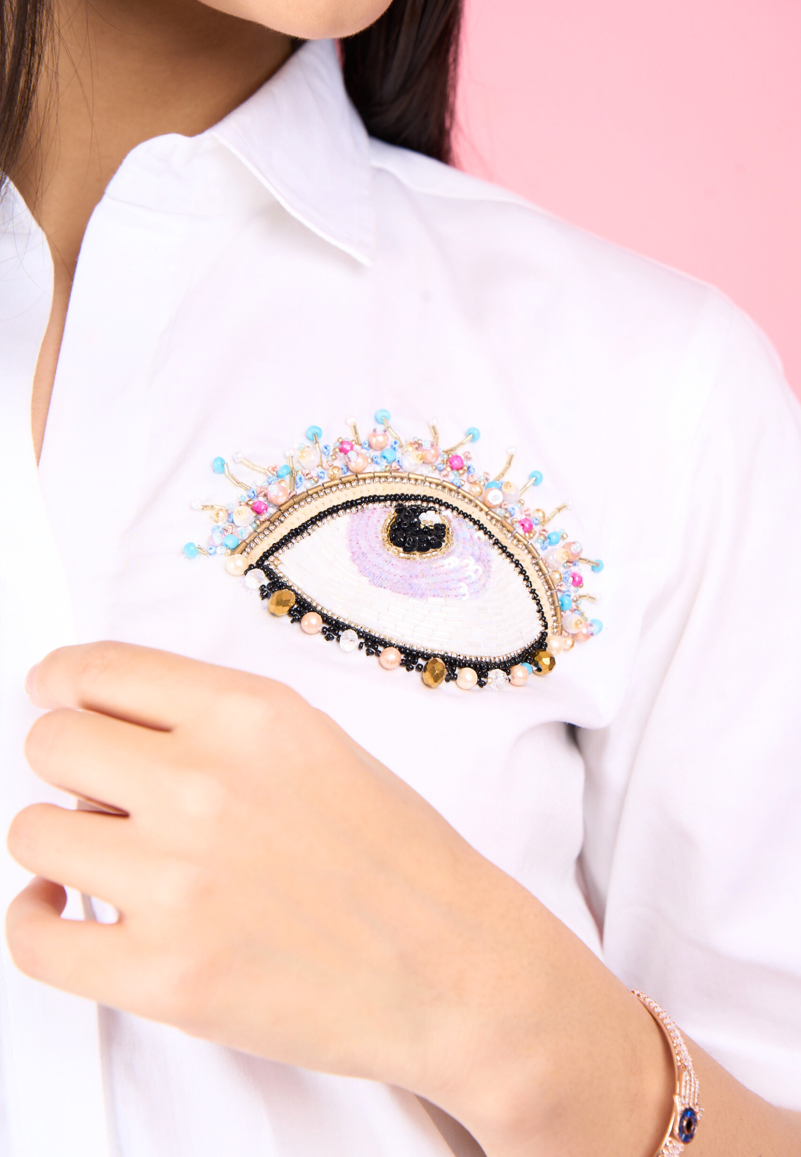 White Embroidered Evil Eye Cotton Shirt