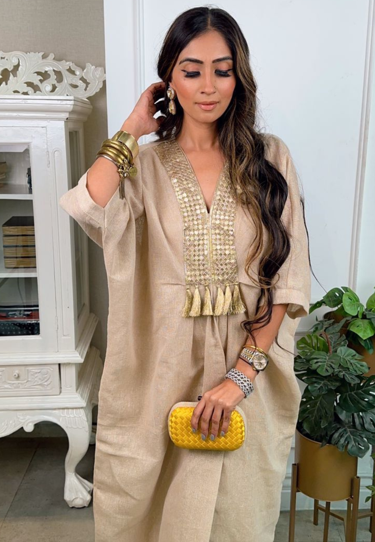 Jute Cotton Kaftan With Gota & Tassels