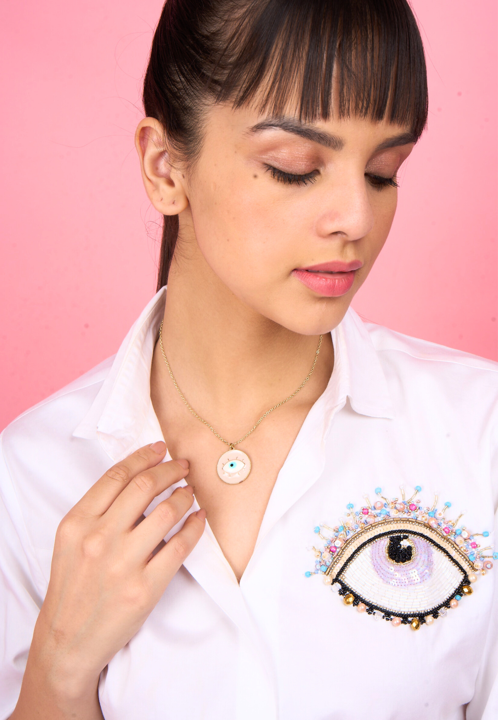 White Embroidered Evil Eye Cotton Shirt