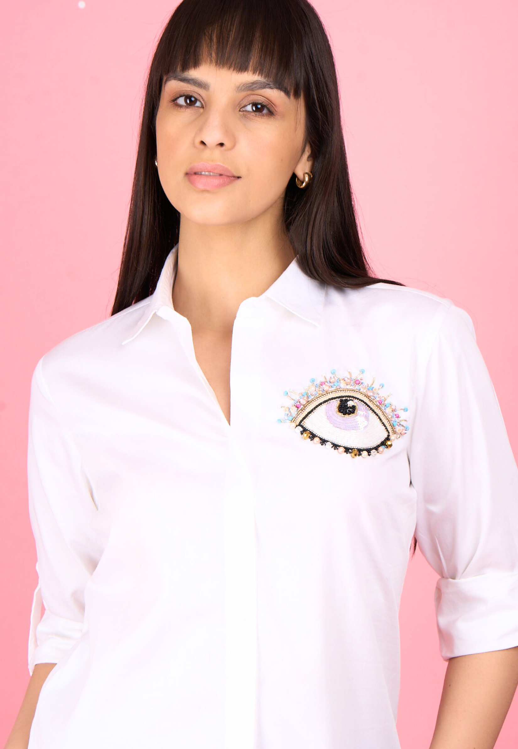 White Embroidered Evil Eye Cotton Shirt