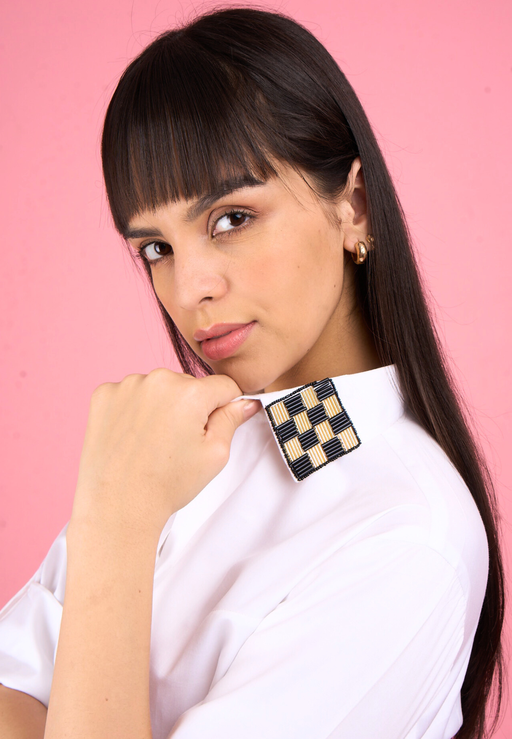 White Sequinned Embroidered Collar Shirt