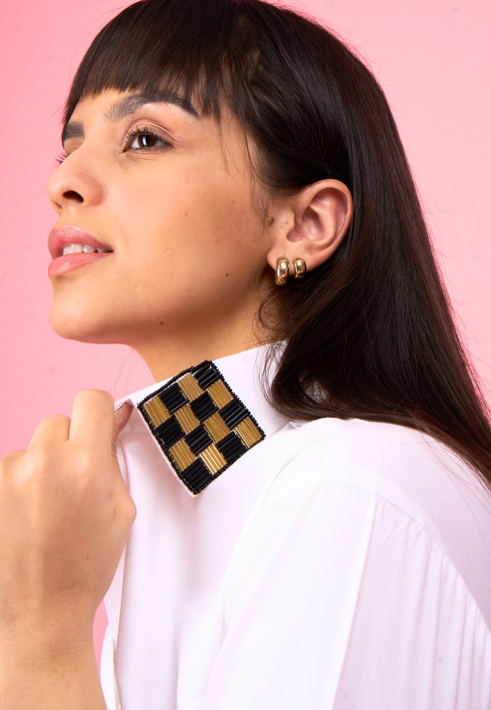 White Sequinned Embroidered Collar Shirt