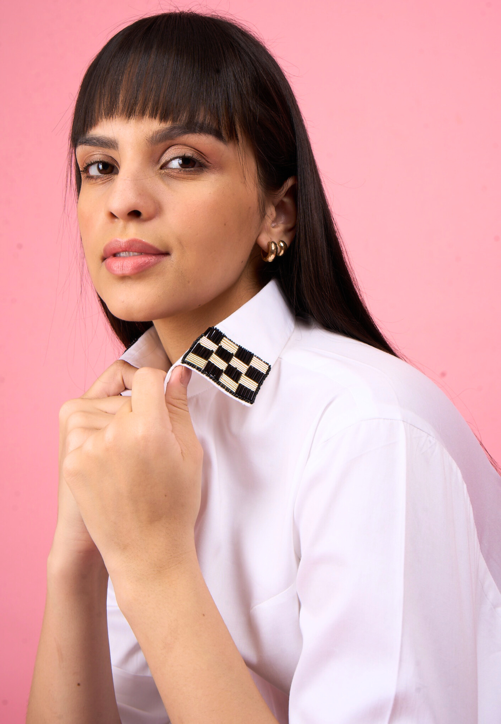 White Sequinned Embroidered Collar Shirt