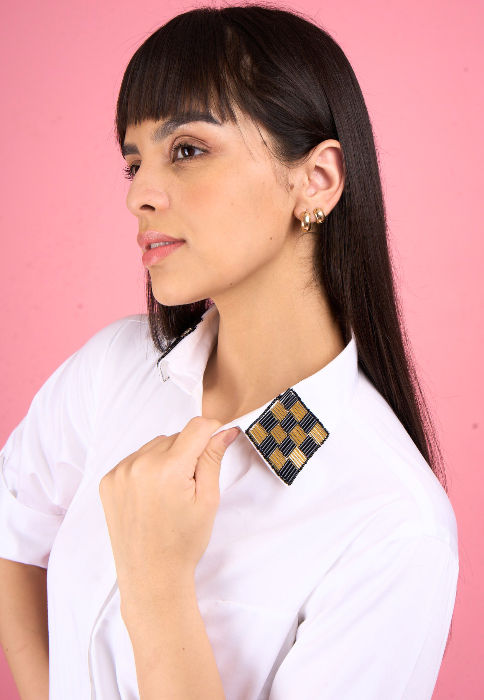 White Sequinned Embroidered Collar Shirt