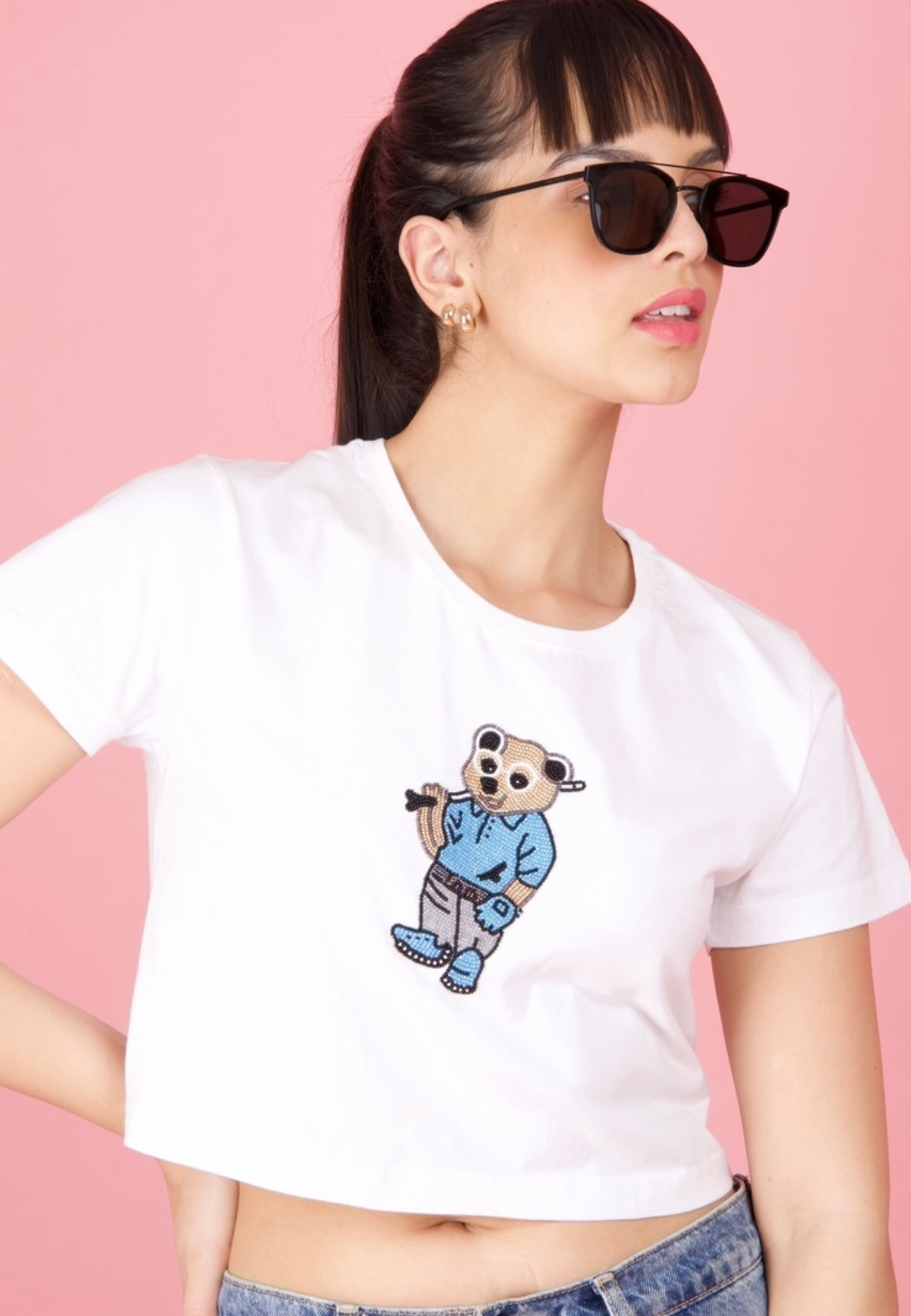 White Embroidered Teddy Crop T-Shirt