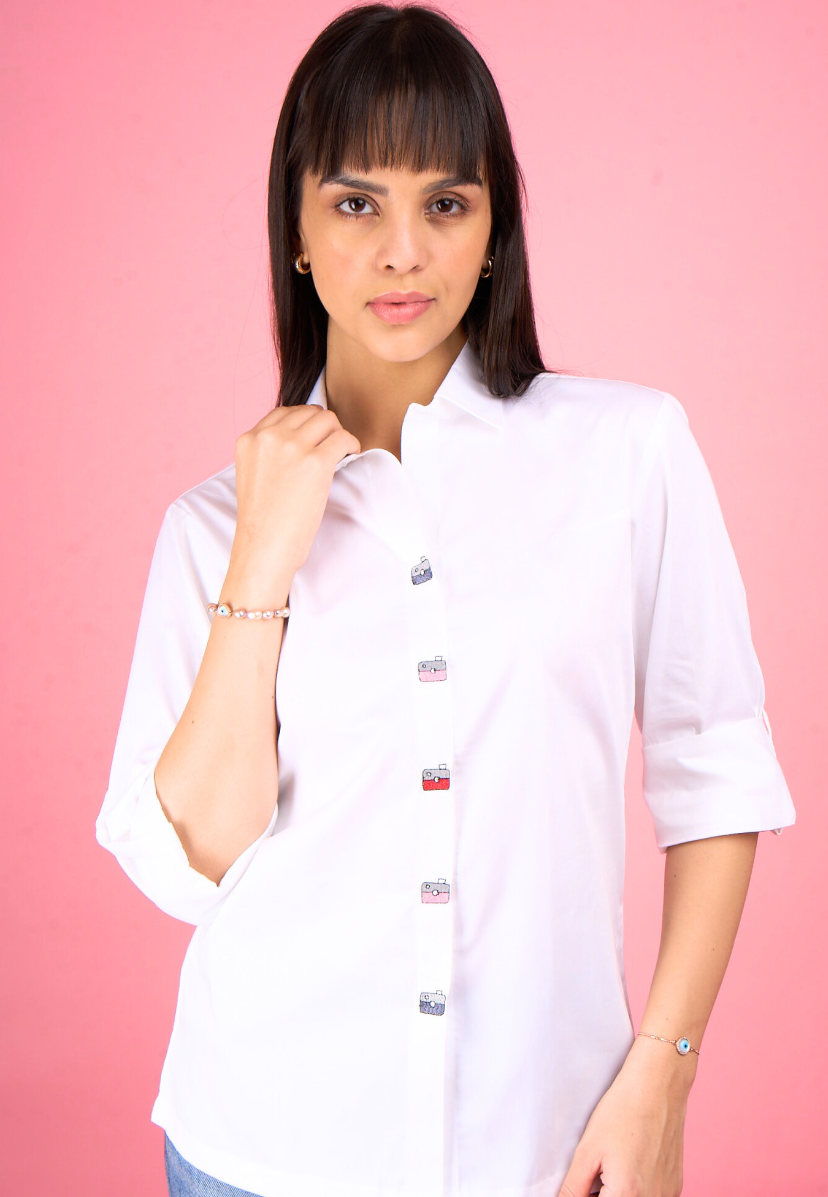 White Playful Embroidered Button Shirt