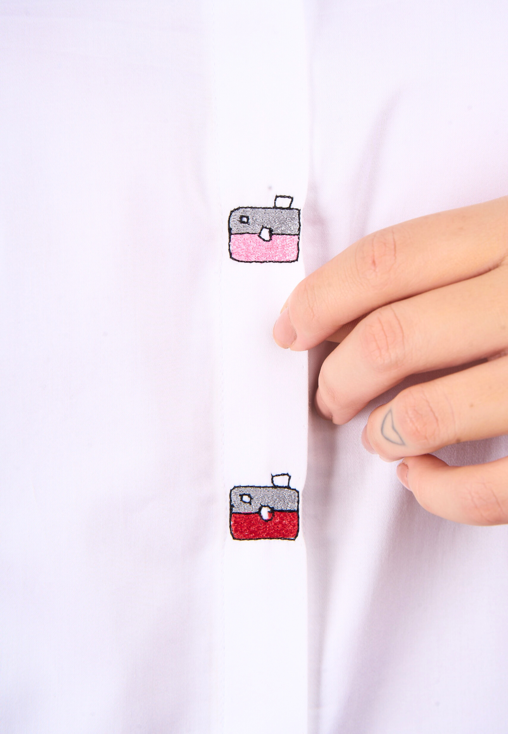 White Playful Embroidered Button Shirt