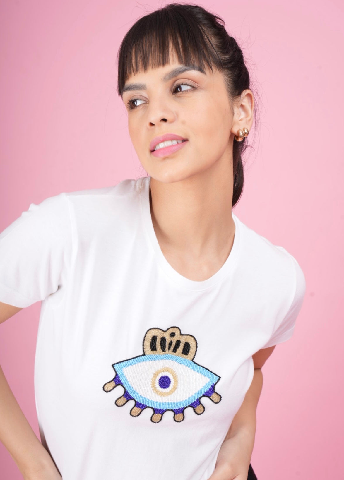 White Embroidered Evil Eye T-Shirt