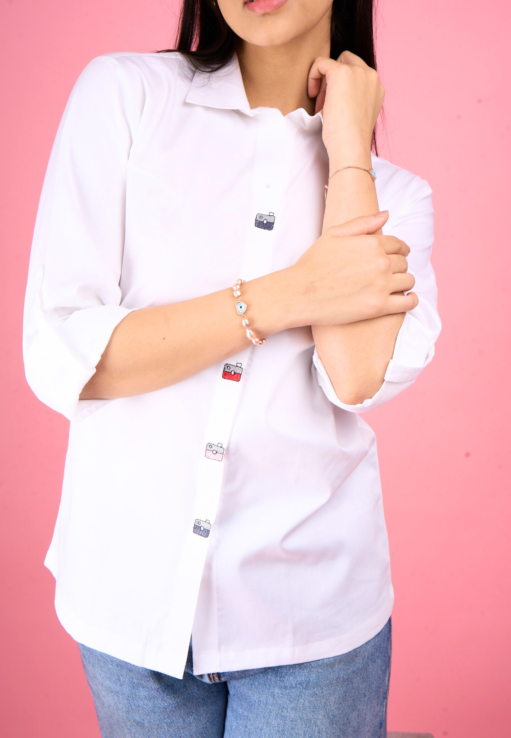 White Playful Embroidered Button Shirt