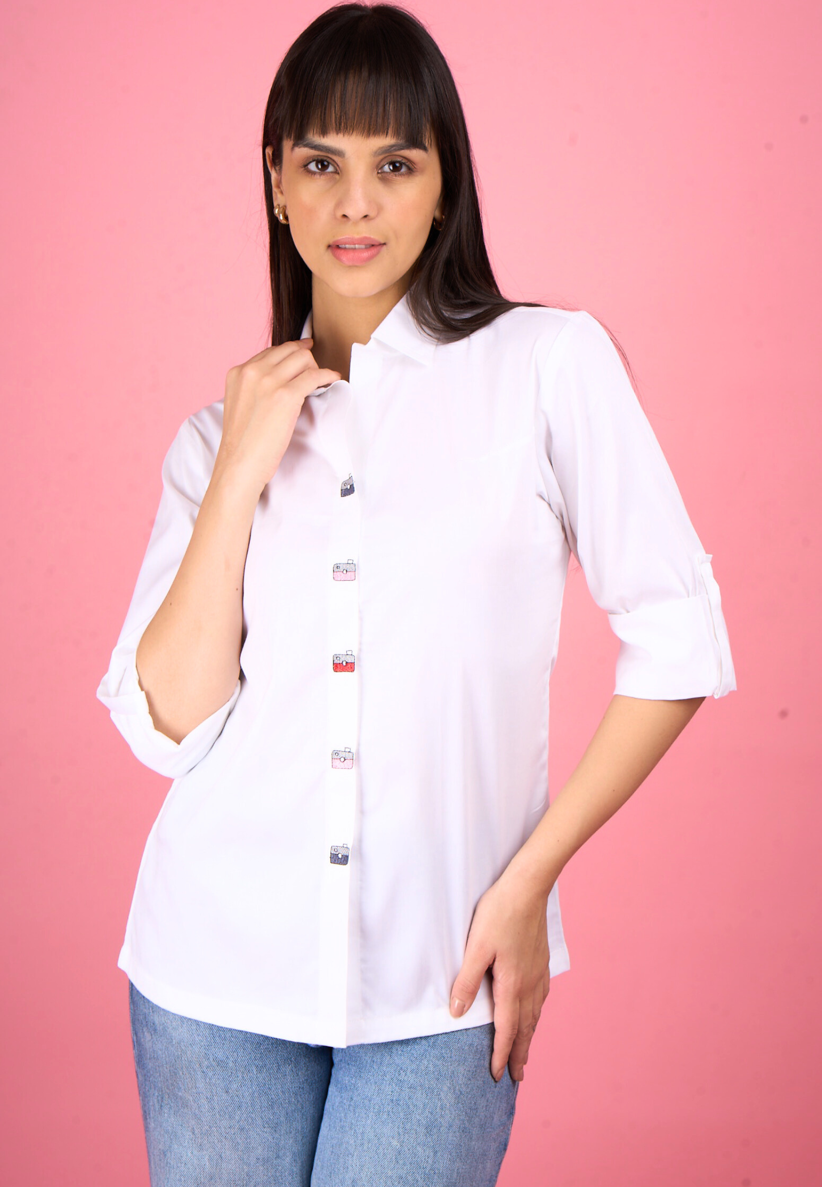White Playful Embroidered Button Shirt