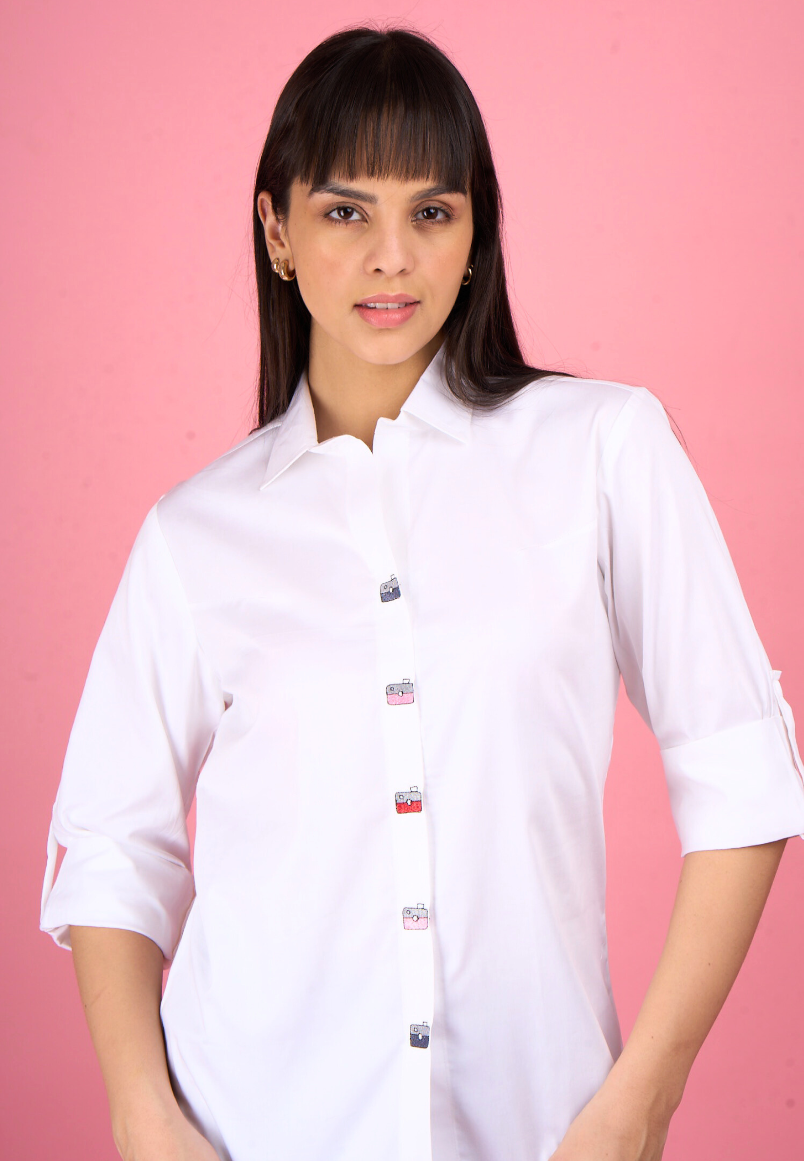 White Playful Embroidered Button Shirt