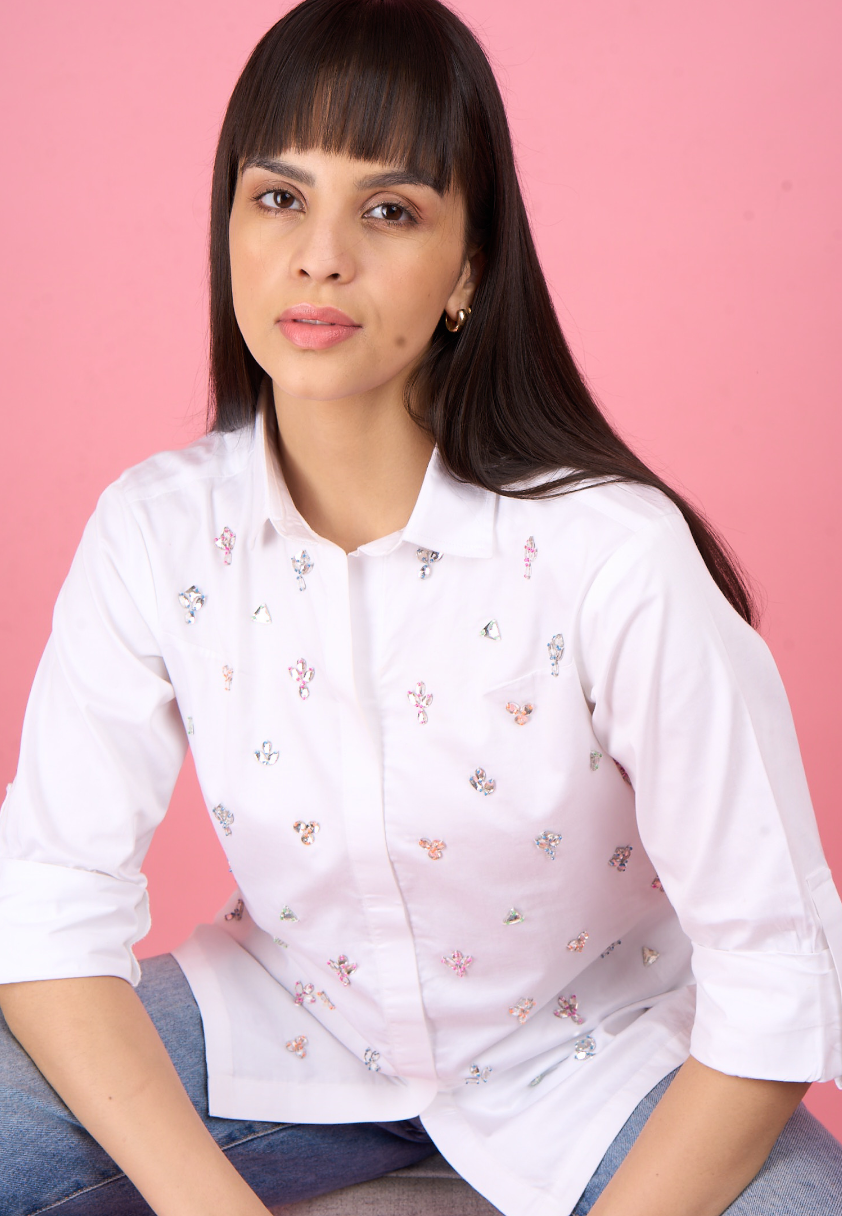 All Over Colourful Embellished Cotton Shirt