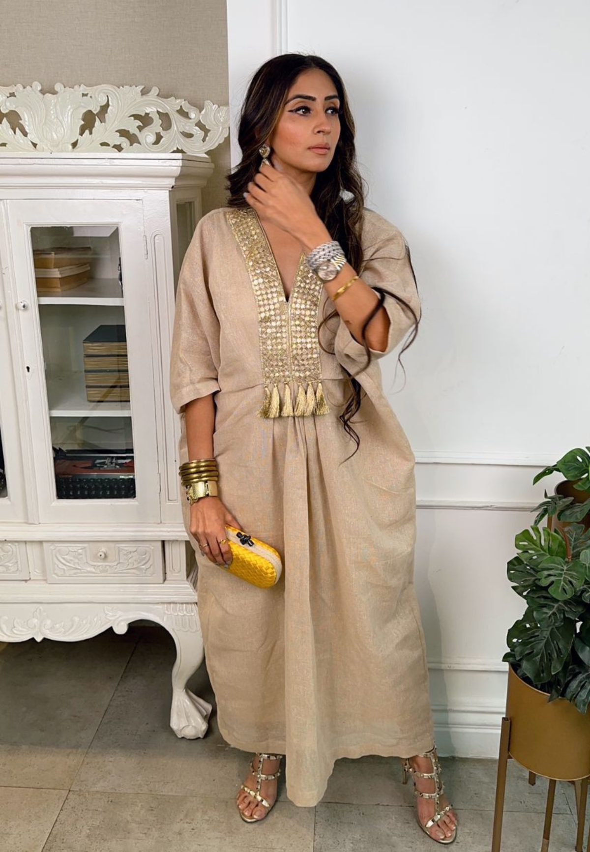 Jute Cotton Kaftan With Gota & Tassels