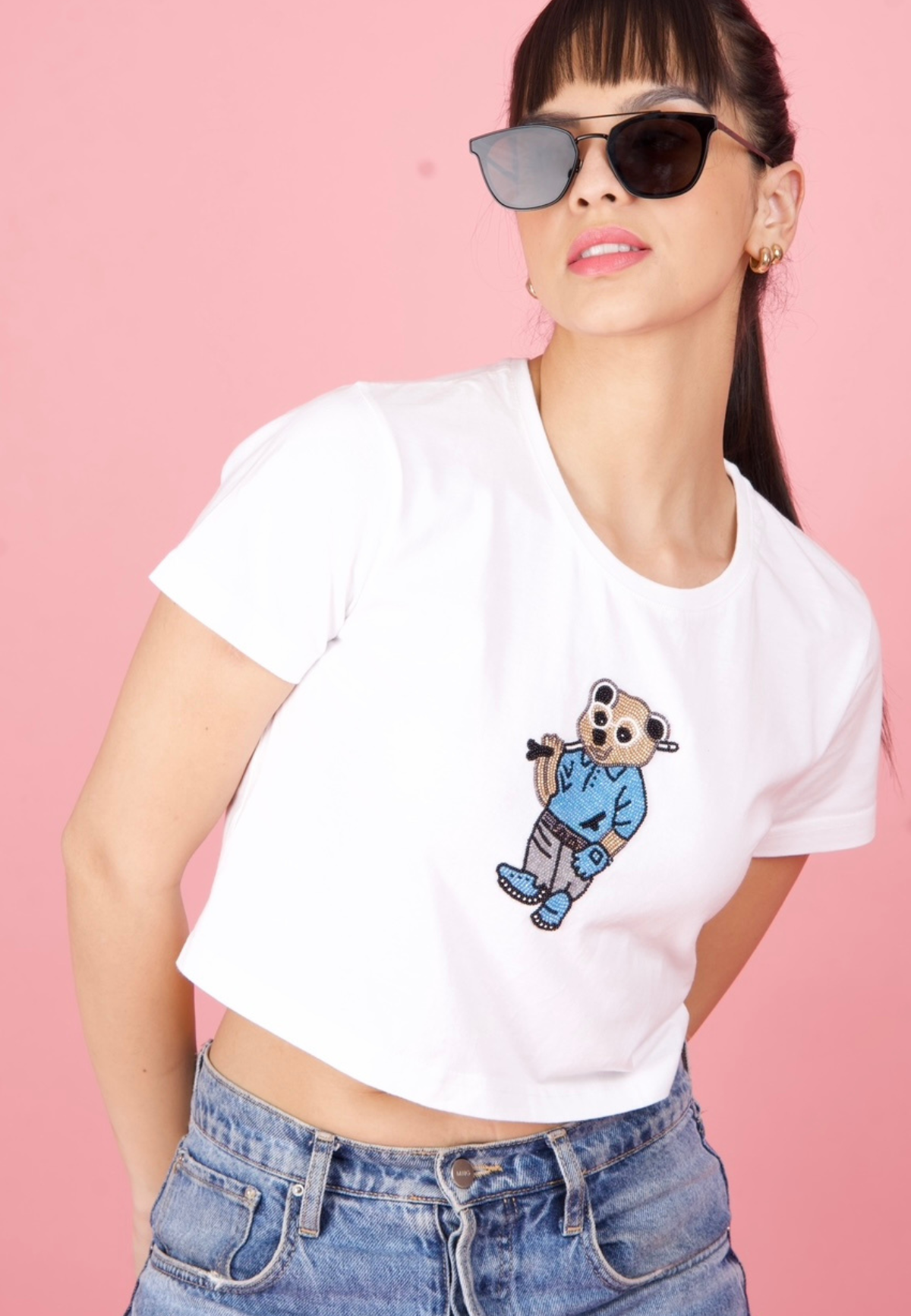 White Embroidered Teddy Crop T-Shirt