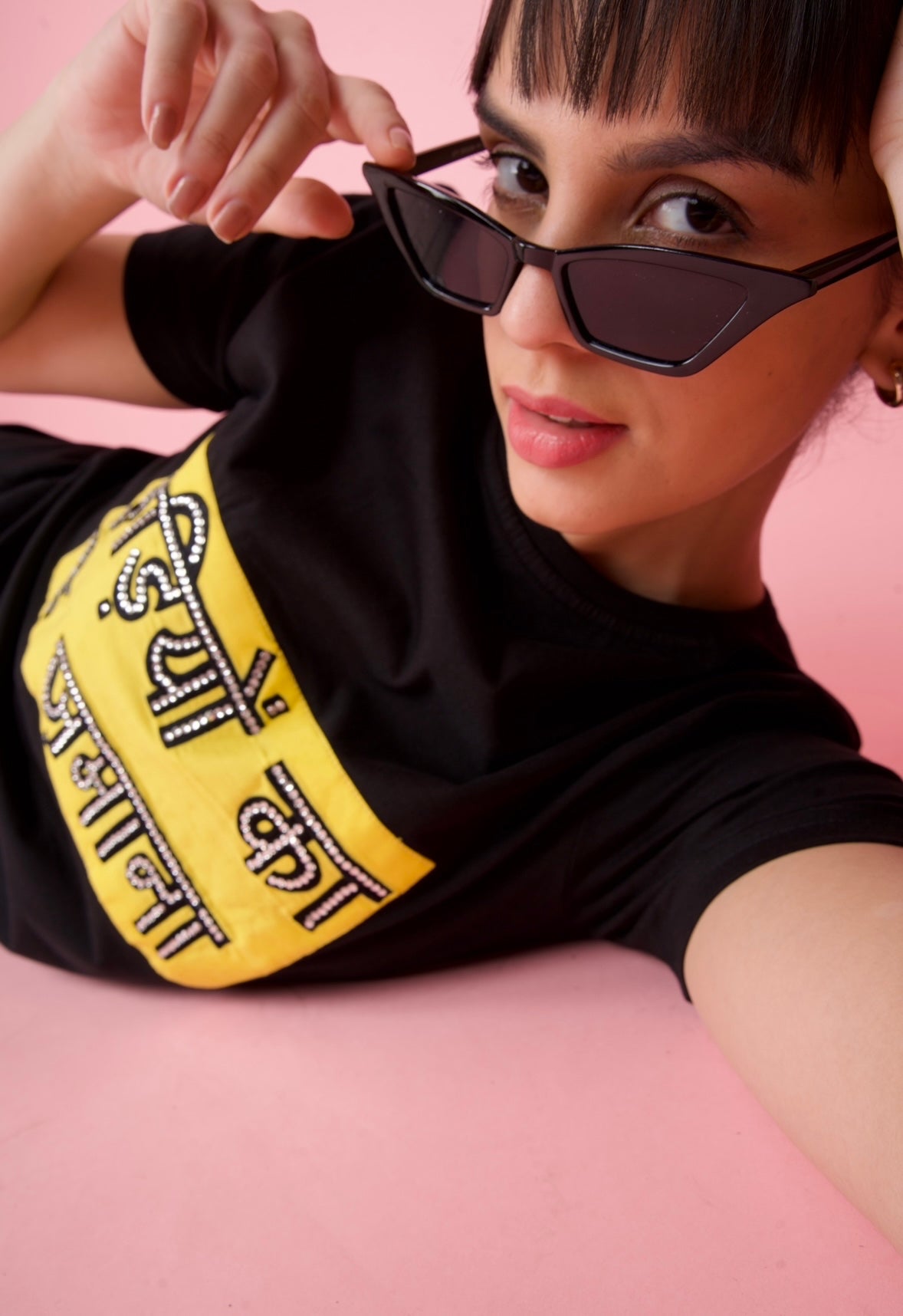 Black Embroidered T-Shirt "Kudiyon Ka Hai Zamana..." Printed in Front